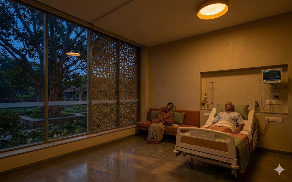 Same patient room at 21:30 with the tunable LED system shifted to warm amber 2700 K at low intensity — Peepal silhouetted against indigo twilight, room glowing in honey-warm ambient, melatonin-supportive evening phase