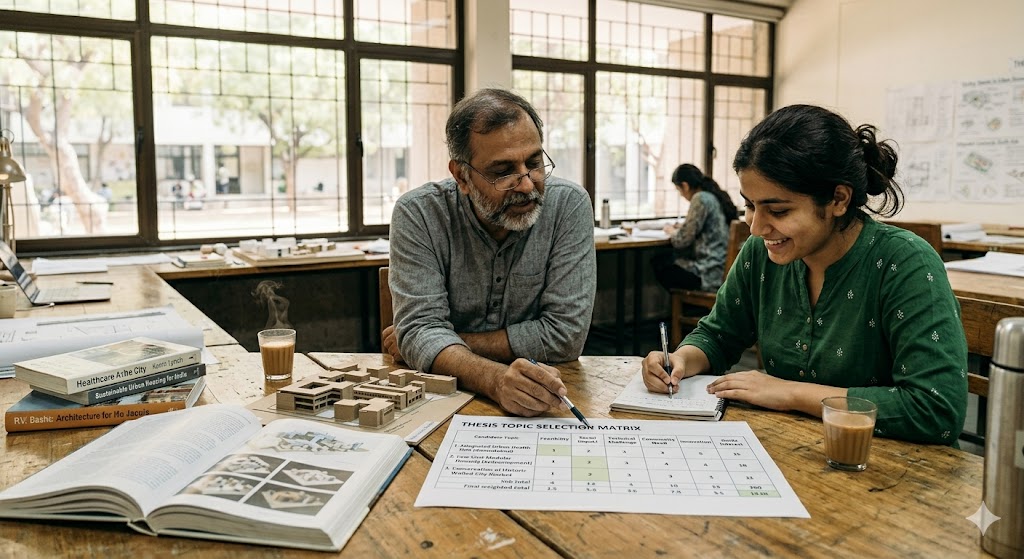 Medium close-up photograph of an Indian thesis student and her thesis guide seated across a wooden table at architecture school, the guide a senior professor in a kurta with reading glasses pointing to a printed six-criterion topic-scoring matrix on the table while the student in a green kurta takes notes, the matrix sheet showing three candidate topics scored 1-5 across six criteria with totals at the bottom, two reference books open beside, two cups of chai with steam rising, soft natural daylight from a large window, the mentor-student conversation captured at the moment of topic selection clarity