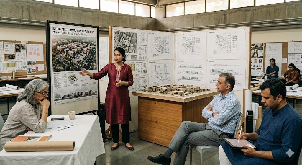 Wide-angle photograph of an Indian B.Arch student's thesis viva moment, the student in formal kurta standing at the front of the studio next to a presentation board with a hero render of her healthcare-architecture thesis project, gesturing toward the board explaining a design decision, a panel of three jurors seated at a table in the foreground — one senior professor leaning forward with notes, one external architect from practice in a checked shirt, one mid-career faculty taking notes on a tablet, behind the student a 1:100 physical model on a plinth and 12 large drawings pinned to display walls, late-morning daylight from clerestory windows, mid-viva discussion atmosphere, peak culmination of 12-month thesis journey