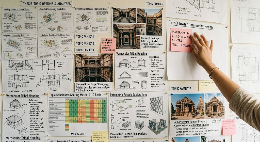Close-up wide photograph of a studio wall covered with pinned brainstorm sheets and sticky notes documenting the seven topic-family exploration for an Indian architecture thesis with sketches of healthcare floor plans photographs of stepwell heritage sites vernacular tribal housing references a colour-coded matrix scoring topic candidates hand-drawn diagrams of parametric facade explorations photographs of an ASI-protected temple precinct and a student's hand reaching up to add a new sticky note