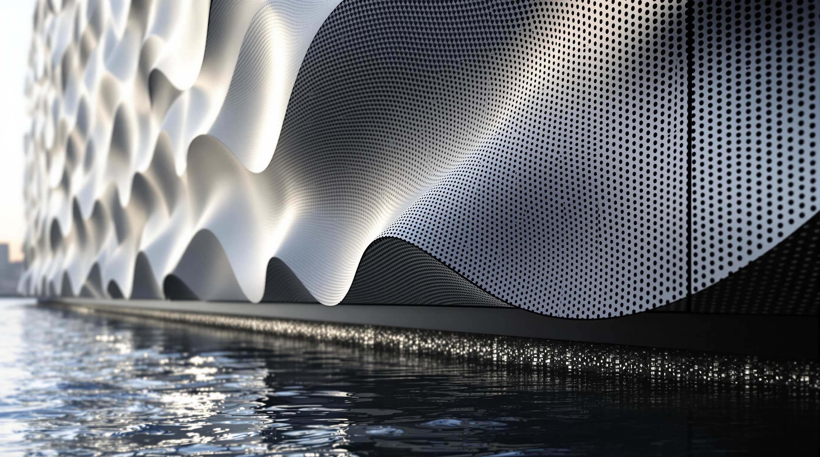 The perforated dark metal facade of the Arctia headquarters seen in raking light, its folded wave-profile panels carrying a gradient pattern of small punched holes abstracted from ice crystals, the water of the harbour reflecting beneath