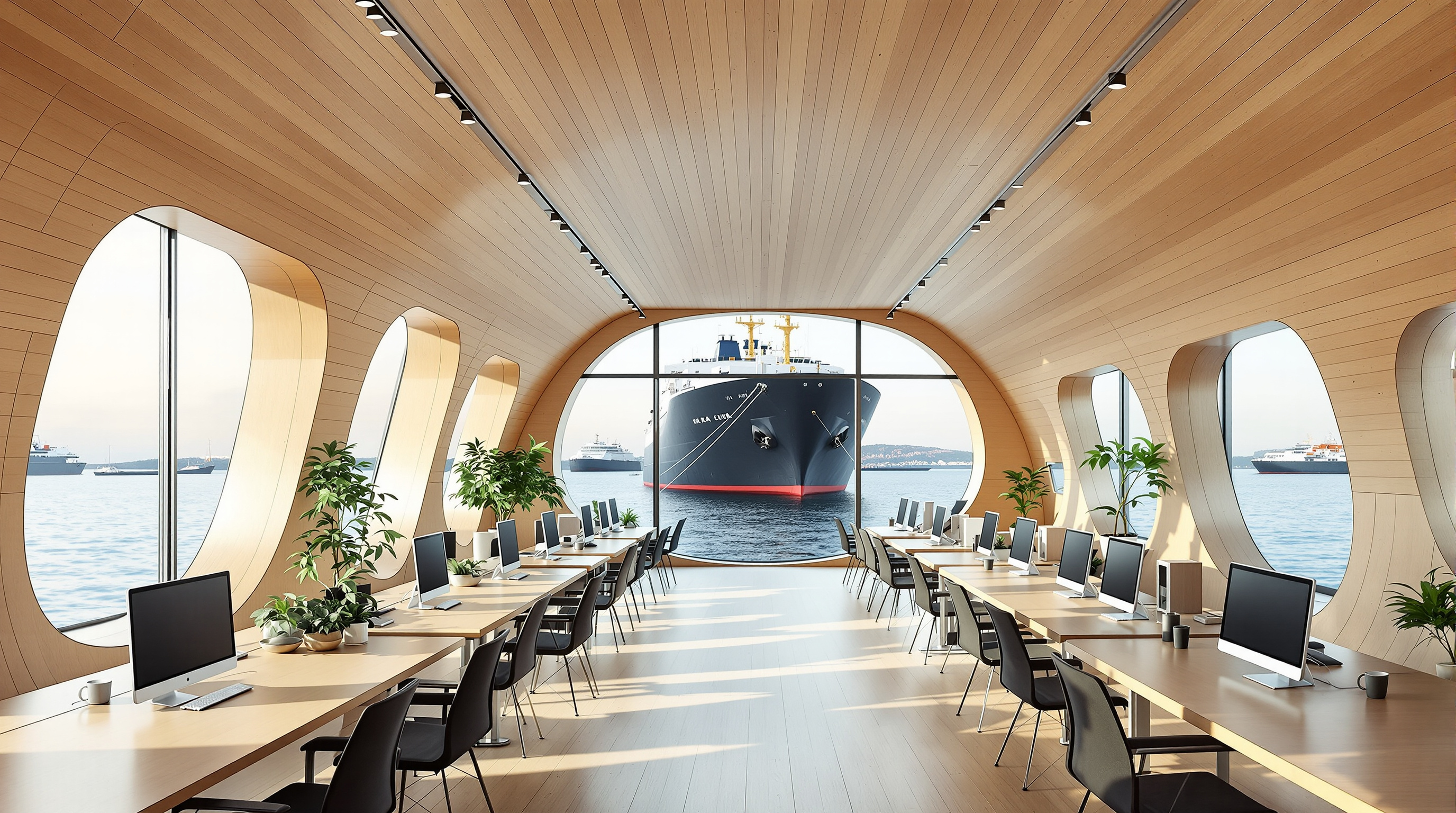Interior of the Arctia headquarters, an open-plan office lined entirely in warm pale lacquered wood like the inside of a wooden boat hull, with large windows framing the icebreakers and the grey Baltic water just outside