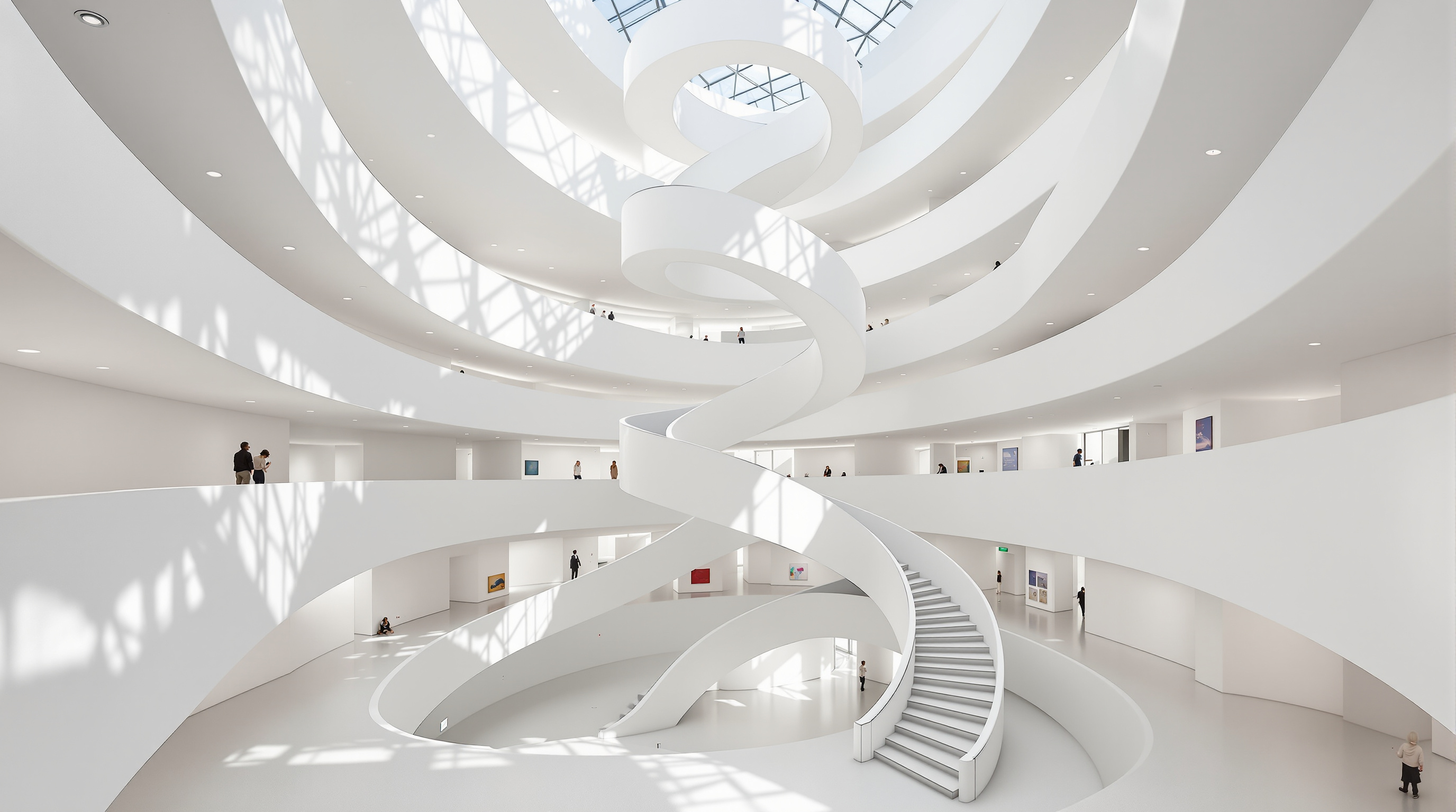 The white curving interior 'museum street' of ARoS, a broad spiralling staircase and ramp winding upward through ten floors of the cube, daylight falling across pale walls