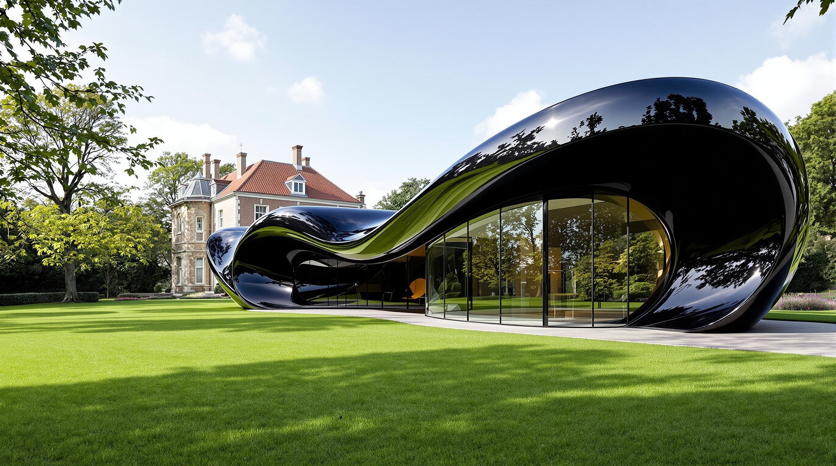 Zaha Hadid's black lava-concrete Ordrupgaard extension, a low glossy organic form flowing out of the green lawn beside the historic manor house, its curved glass wall reflecting the surrounding park