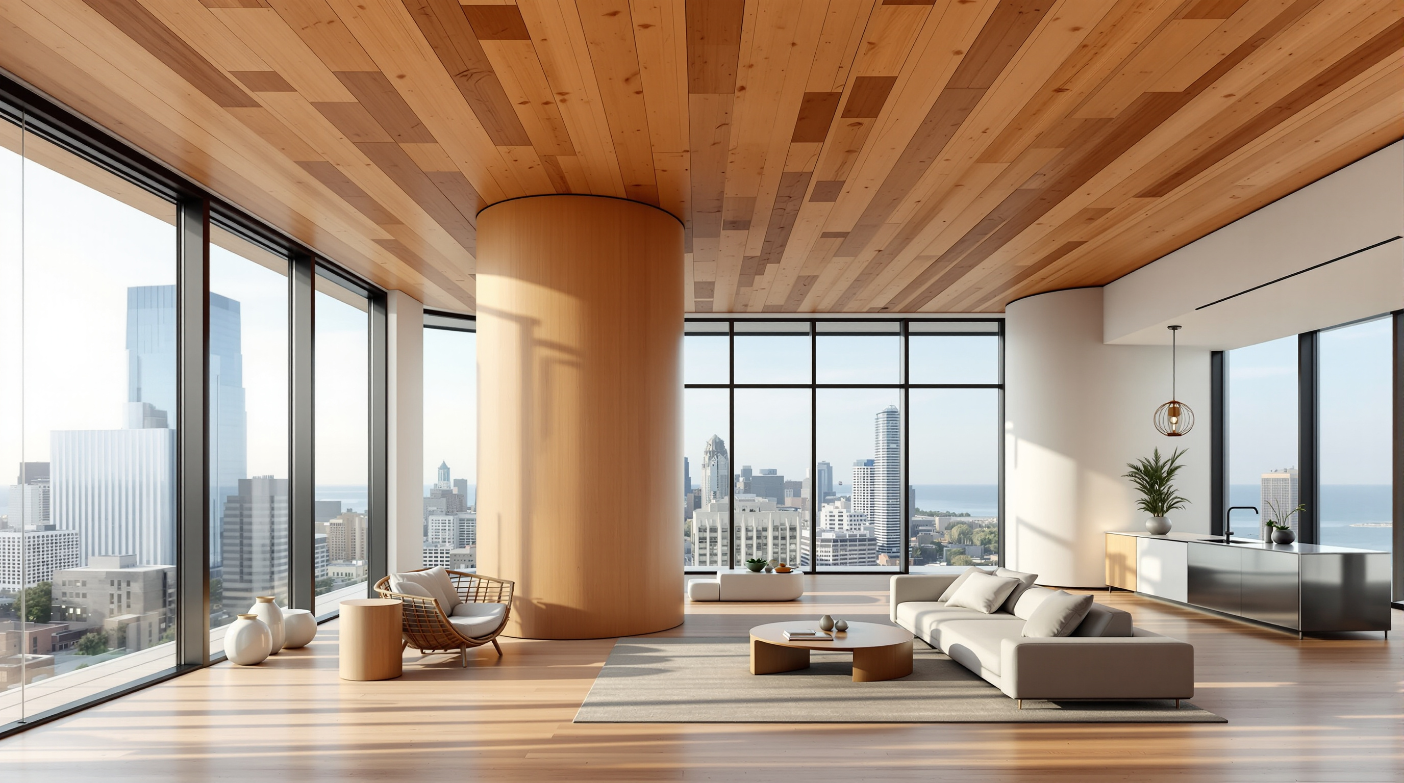 Interior of an Ascent apartment showing the exposed cross-laminated timber ceiling and a round glue-laminated timber column left deliberately visible, warm honey-coloured wood against floor-to-ceiling glazing overlooking Milwaukee, contemporary furnishings below