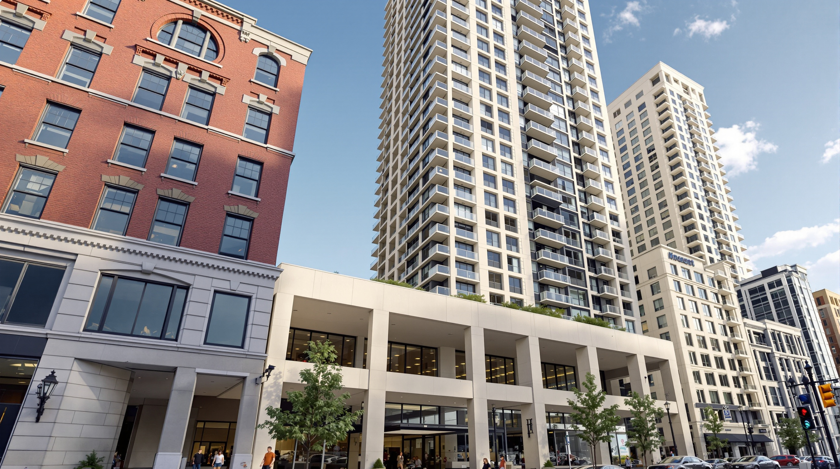 Exterior view of Ascent from street level in downtown Milwaukee, the tower's pale concrete parking podium meeting the pavement and the slender residential shaft rising above with a rhythm of balconies and glazing, neighbouring low-rise brick buildings in the foreground under a clear sky