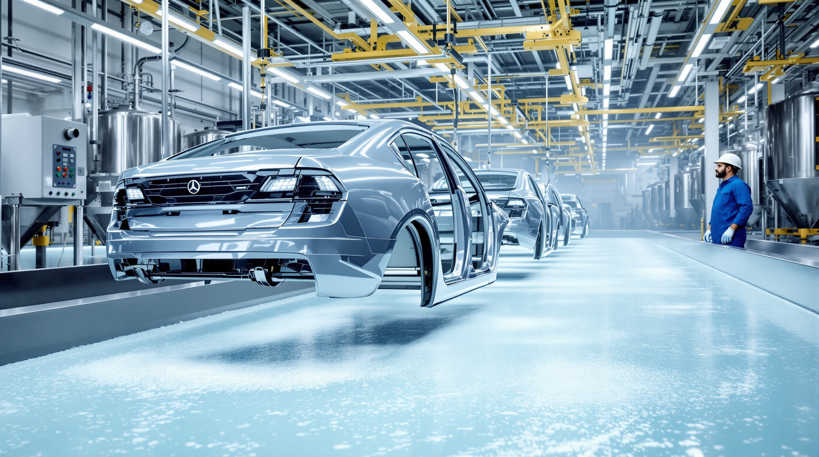 Car body shells on an overhead conveyor being lowered into a phosphating dip tank inside an Indian automobile plant, with milky chemical rinse water and an Indian operator monitoring the line