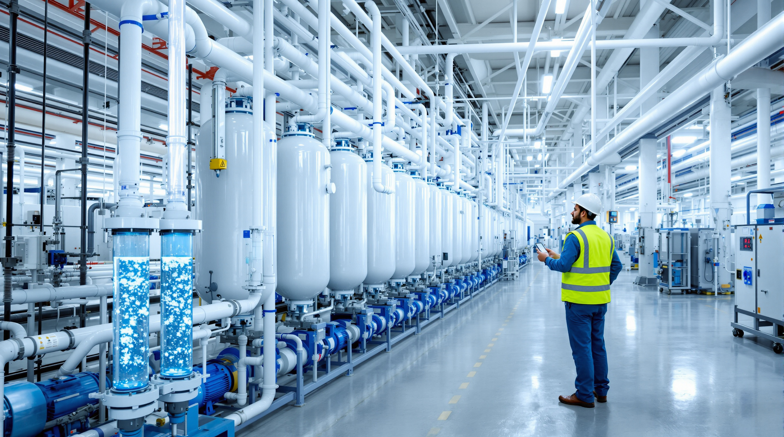 Rows of tall reverse-osmosis membrane pressure vessels and pumps in an industrial water-recovery skid at an Indian car factory, with clear treated water and an Indian engineer inspecting a gauge