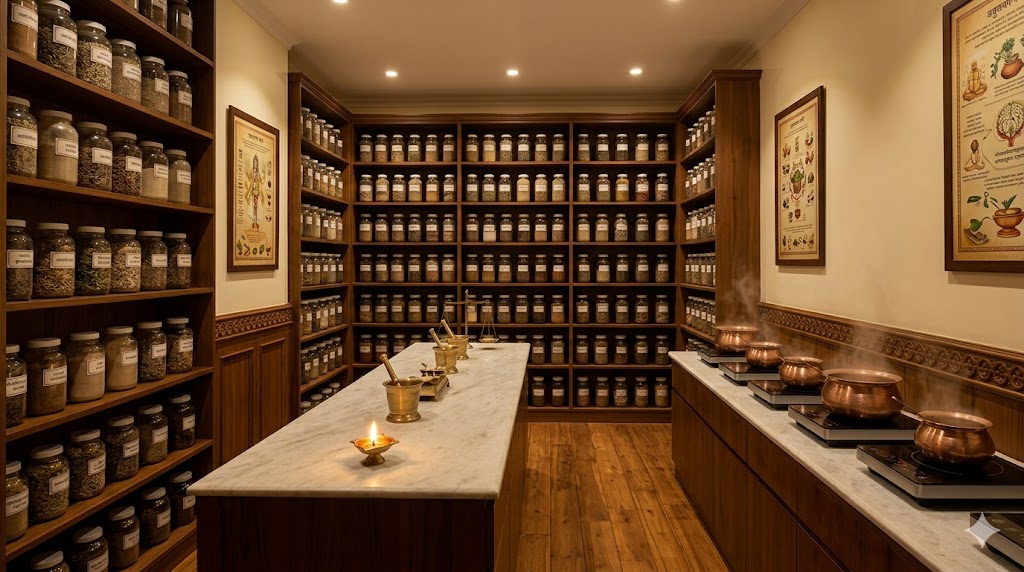 Traditional Ayurvedic pharmacy and decoction kitchen — Sanskrit-labelled jars, brass mortars, classical formulation production