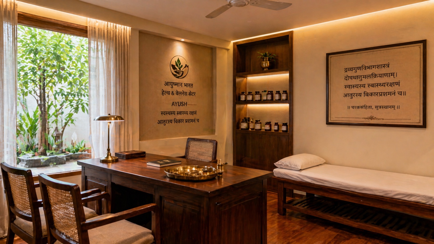 AYUSH practitioner consultation room — traditional teak desk with nadi-pariksha tray, examination couch, dignified system-respectful aesthetic