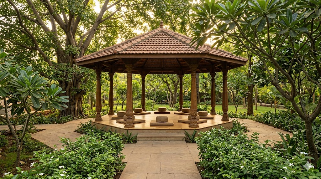 Outdoor meditation pavilion in a tropical Indian AYUSH centre garden — octagonal form, carved teak columns, calm and contemplative