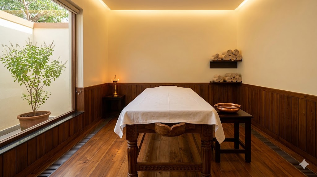 Ayurvedic Panchakarma treatment room — traditional Dhroni table, sealed teak floor, dignified non-spa aesthetic