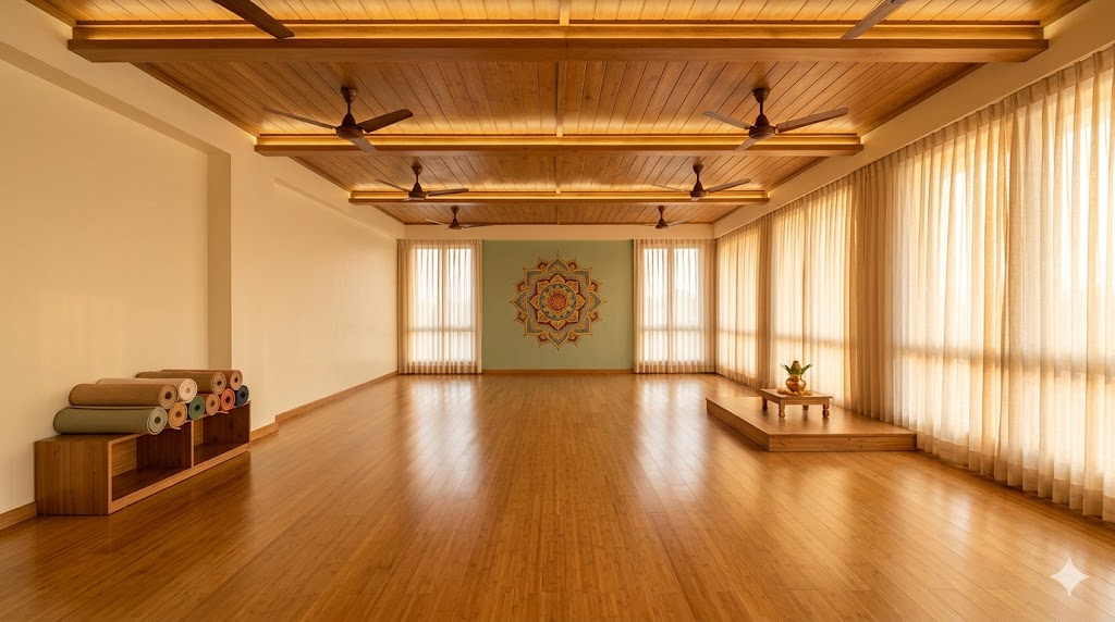 Yoga hall with cardinal-east orientation — sunrise daylight, bamboo floor, lotus mandala accent wall