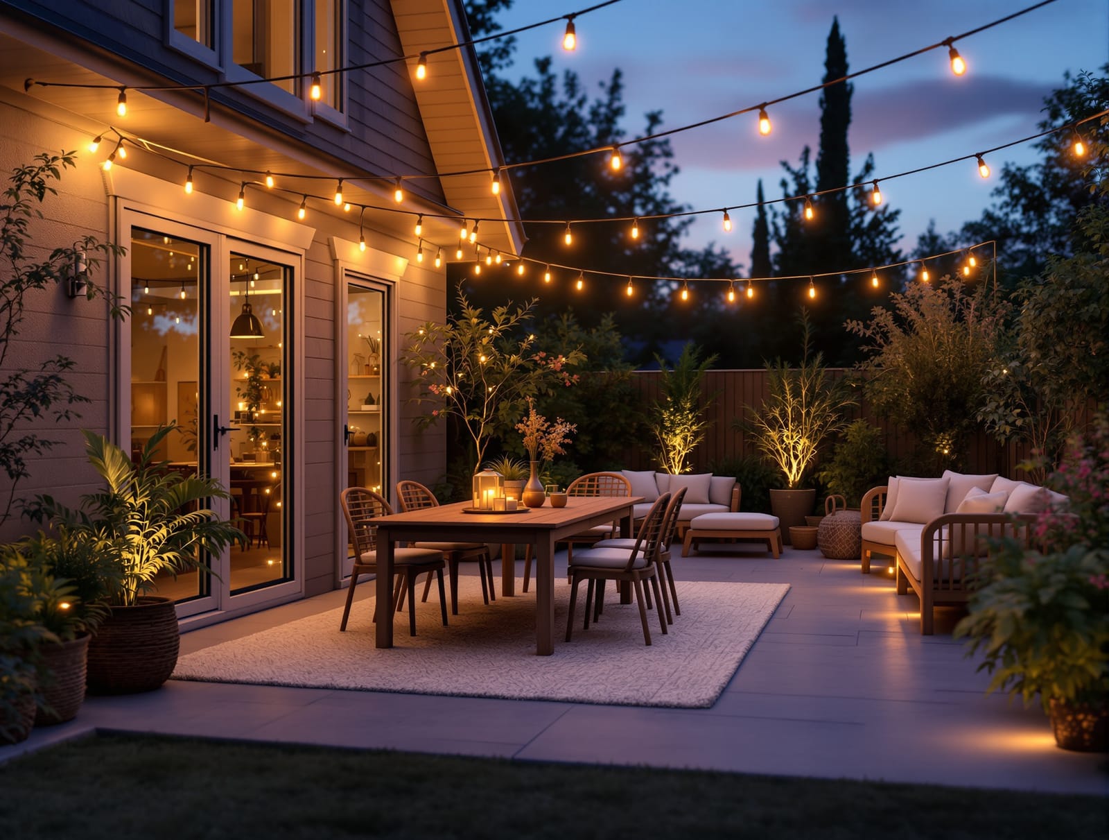 A backyard in the evening with string lights over a dining area, glowing planting and a cosy lounge corner