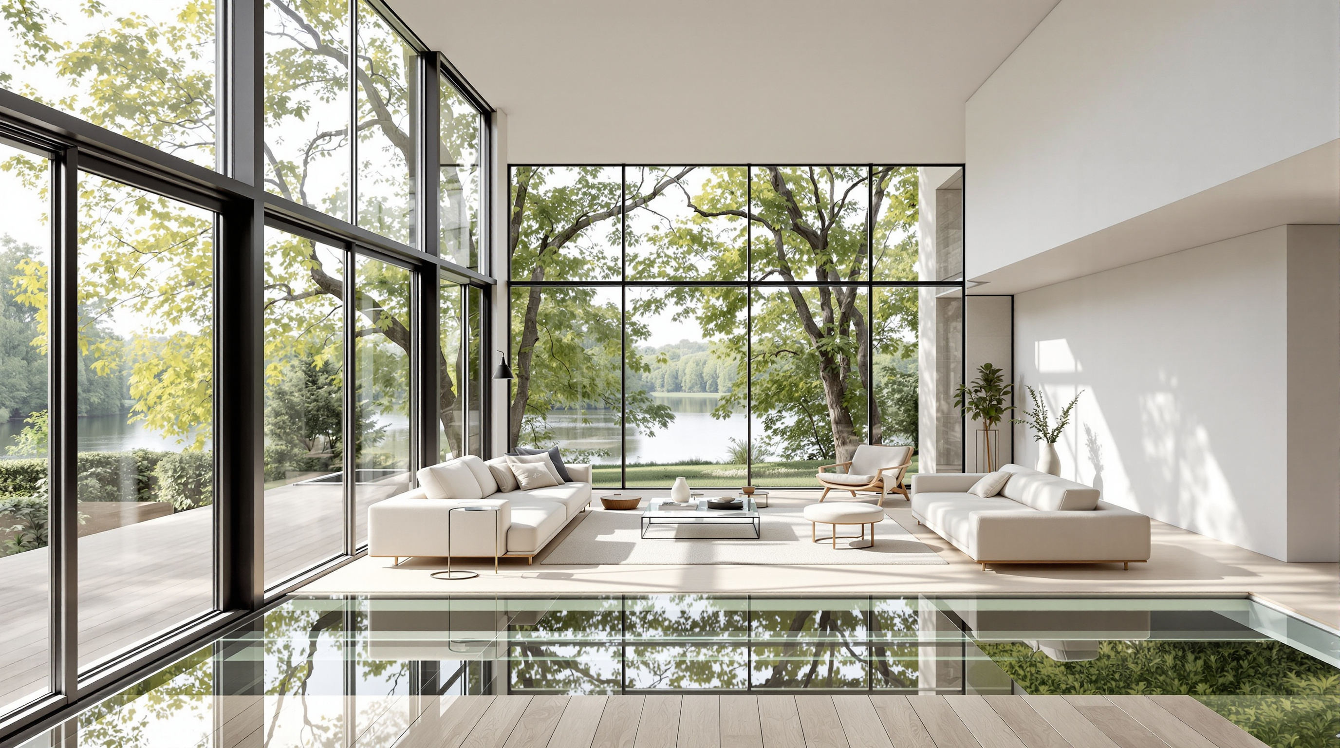The tree-height living room at the cantilevered end of the Balancing Barn: a bright white room glazed on three sides with full-height windows and a section of glass floor, looking out over the tops of trees and a Suffolk lake, pale ash veneer surfaces and simple modern furniture inside
