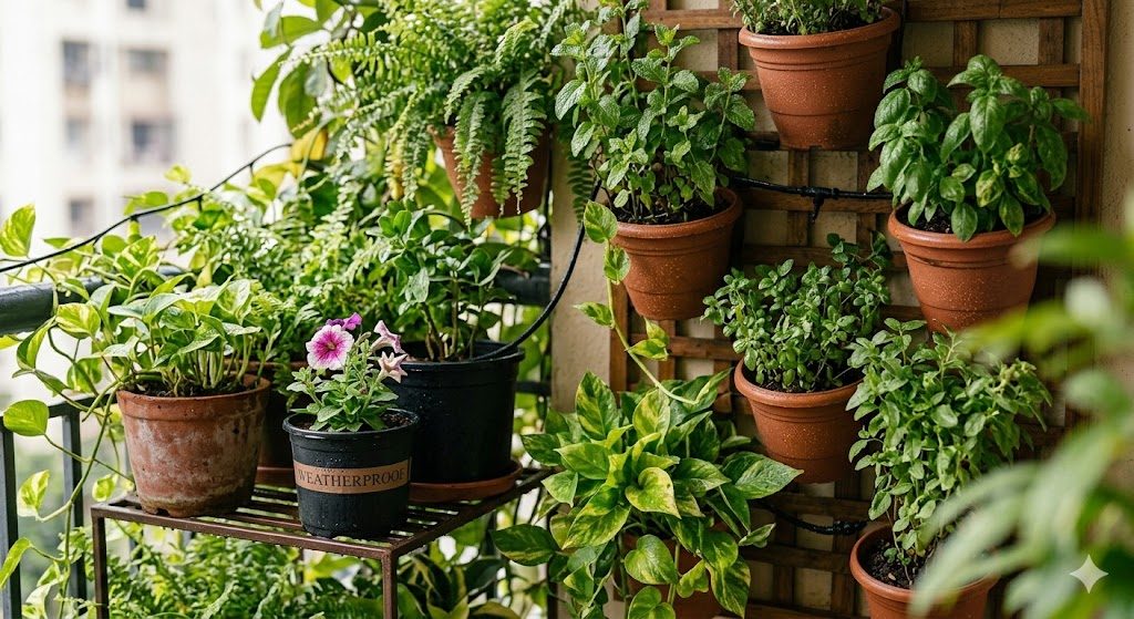 Close view of a vertical greenery corner with a wall-mounted modular planter grid and tiered metal stand holding ferns, pothos, basil and a flowering plant with a discreet drip line