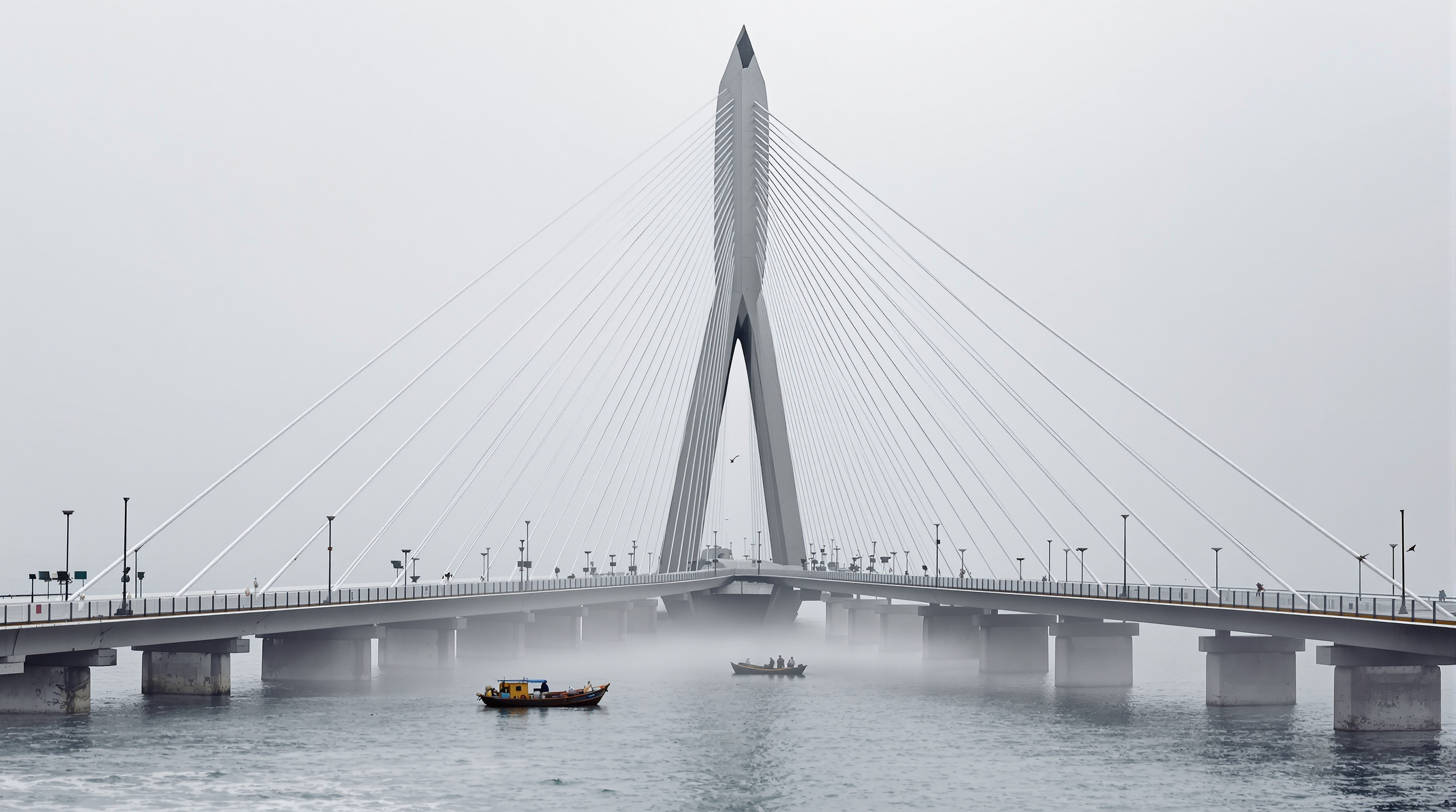 A close view of one diamond-shaped concrete pylon of the Bandra–Worli Sea Link rising from the sea, the fan of steel stay cables spreading down to the eight-lane deck on both sides, seabirds and a small fishing boat in the foreground against grey monsoon sky