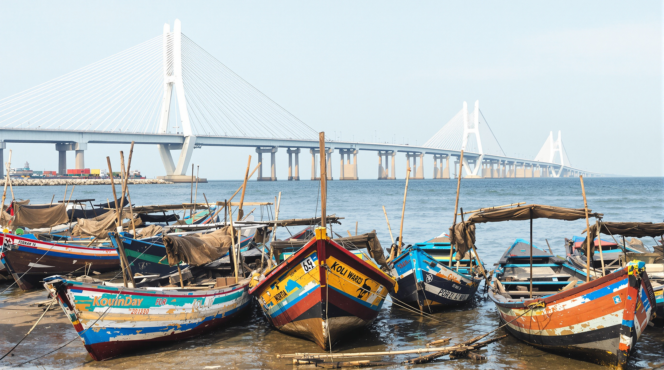 Traditional Koli fishing boats moored in the shallows at Worli Koliwada in the foreground, with the long white span of the Bandra–Worli Sea Link stretching across the sea behind them, a visual collision of an old fishing community and new mega-infrastructure