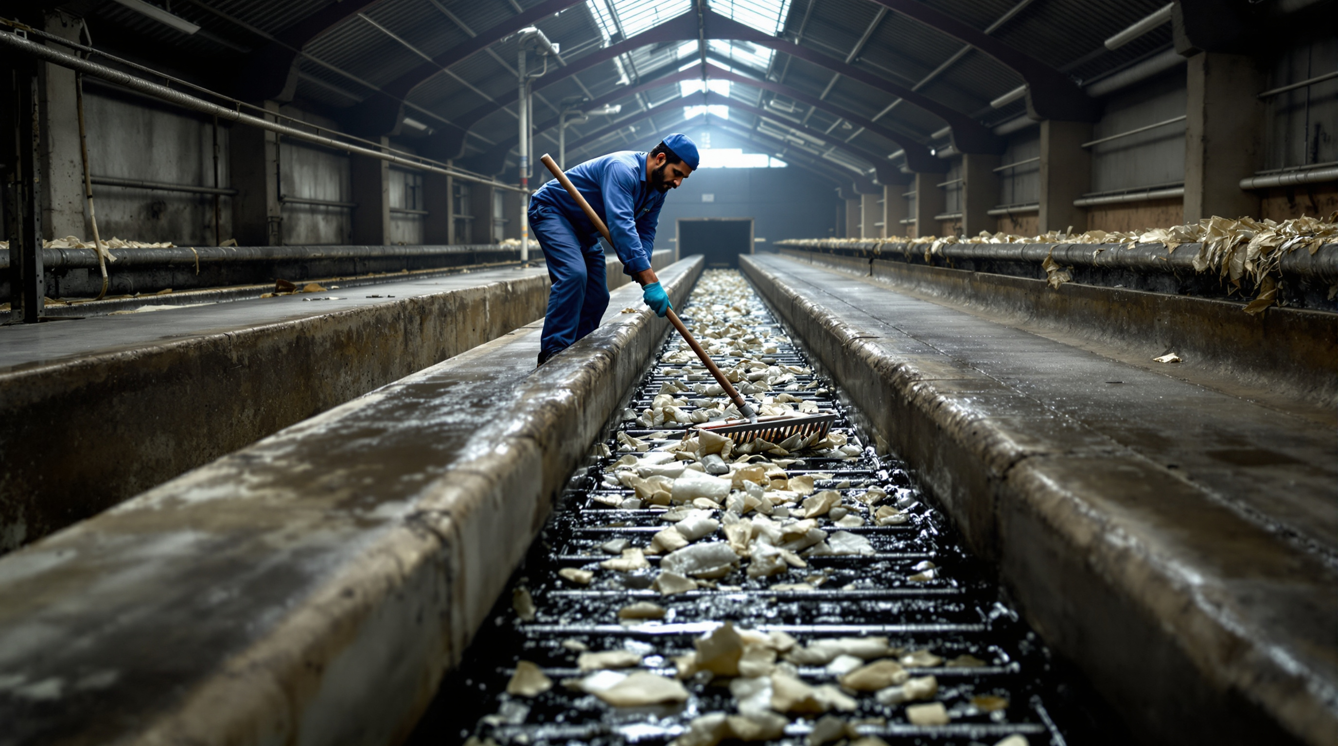 An Indian STP operator using a long-handled rake to lift rags and debris off an inclined steel bar screen in a concrete sewage channel
