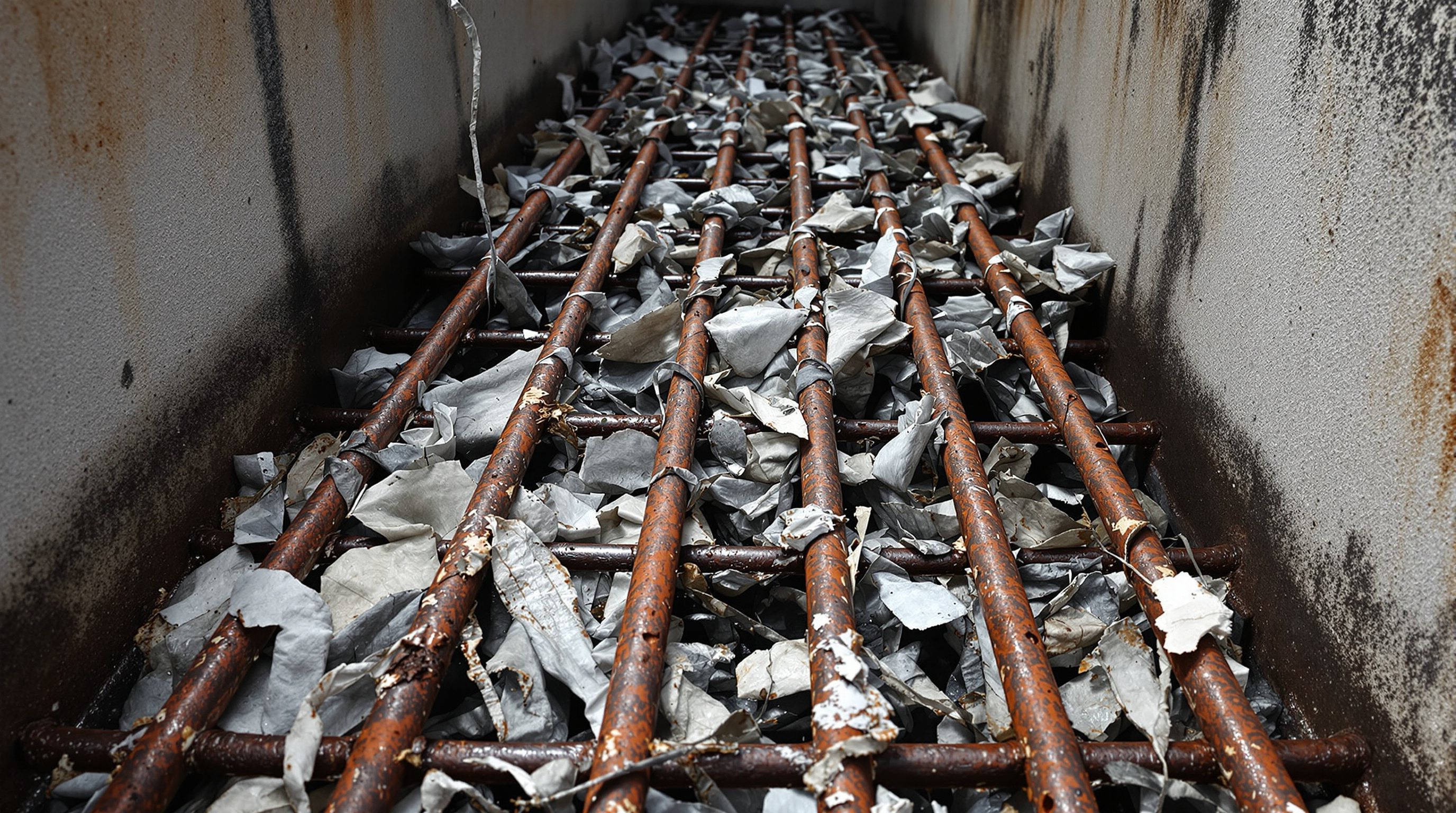 Close-up of a corroded steel bar screen partially blinded with a thick mat of rags and plastic in a concrete inlet channel