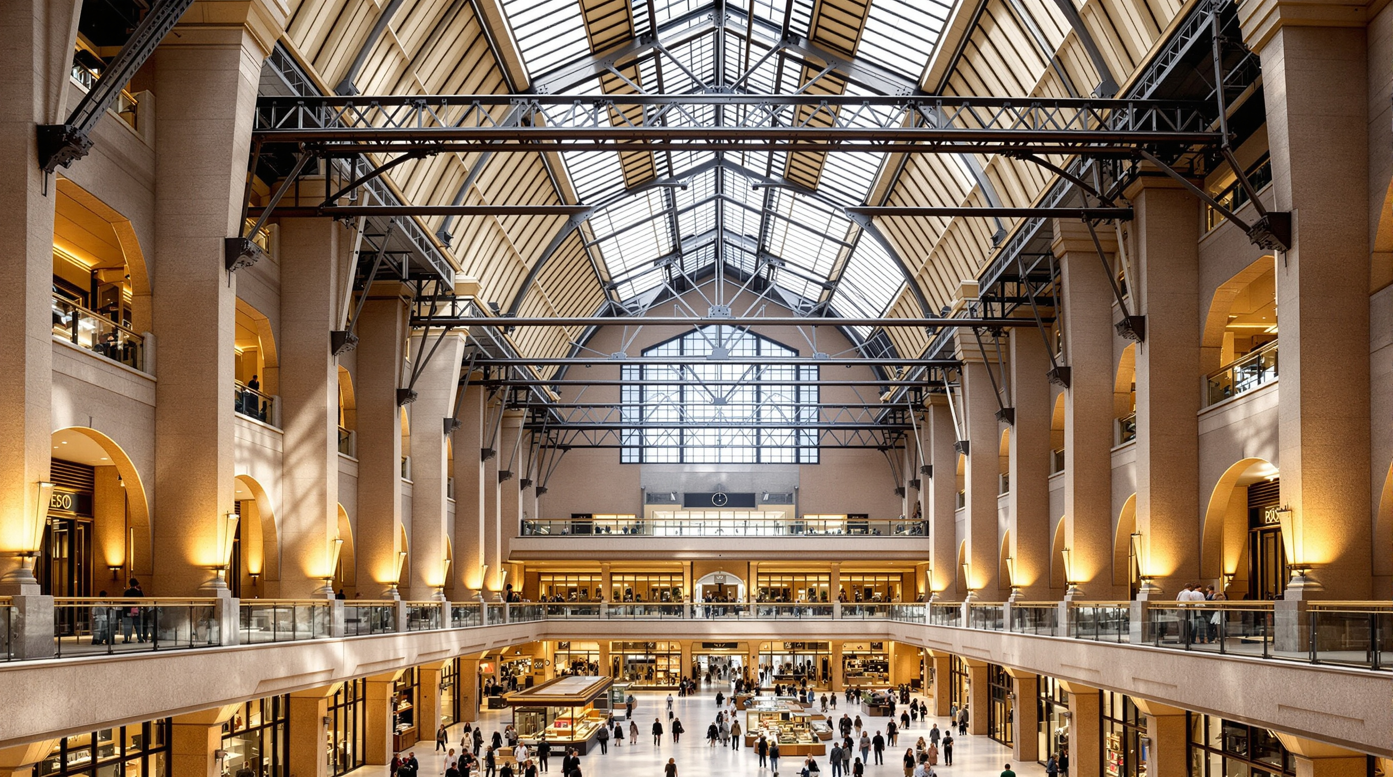 Inside the restored Turbine Hall A at Battersea, its Art Deco fluted walls and steel gantries rising three levels above a polished retail floor, daylight pouring through a new glazed roof onto shoppers below