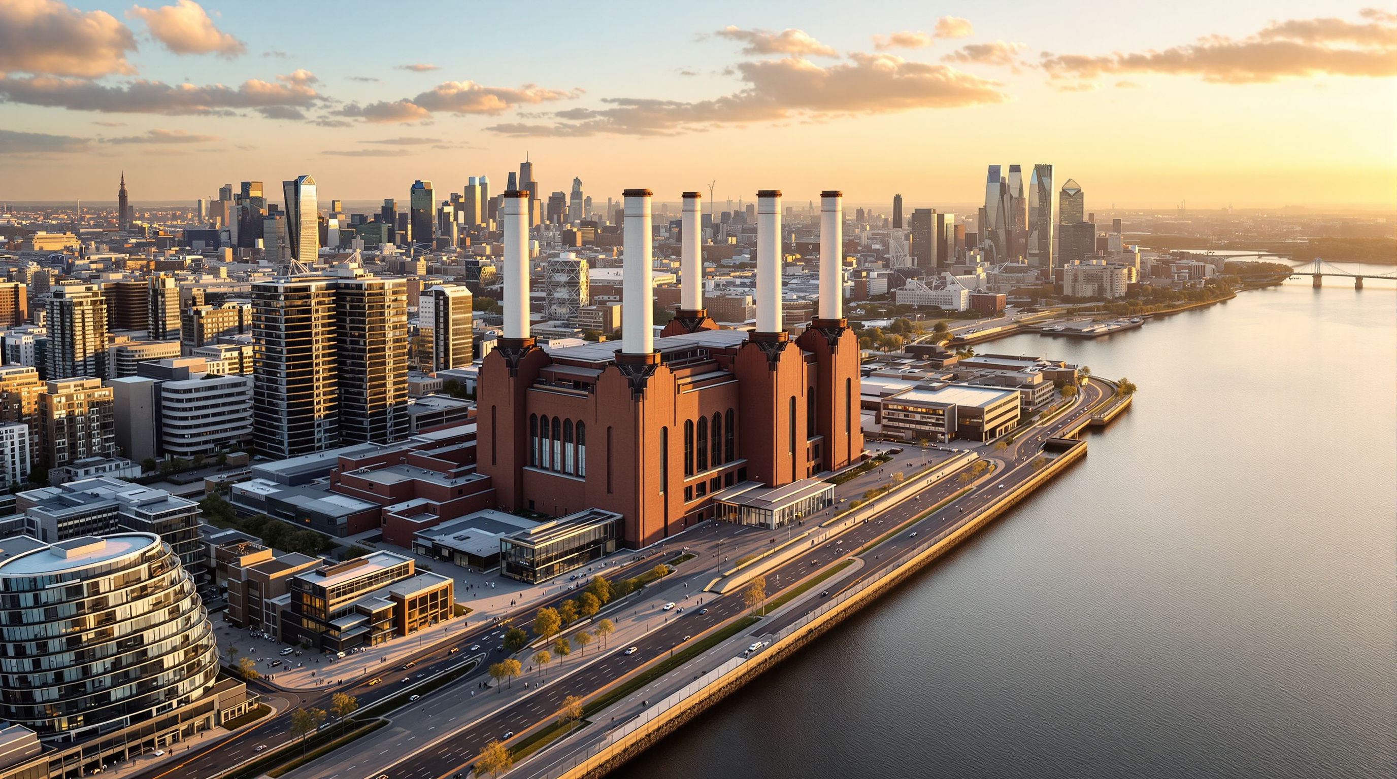 Aerial view of the Battersea Power Station site, the restored brick station with its four white chimneys ringed by dense new glass-and-metal residential towers along the Thames, a public plaza and river walk in the foreground