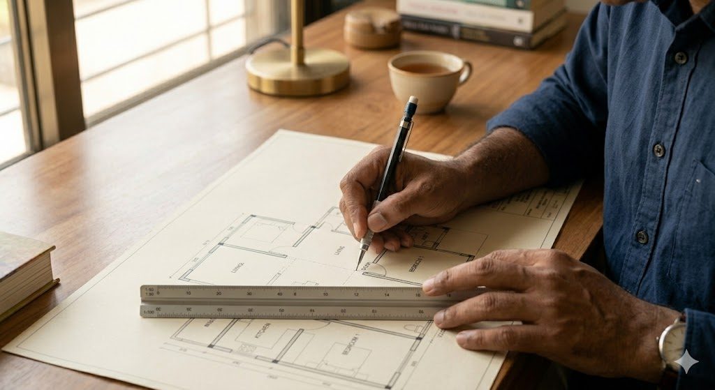 Close-up of an Indian homeowner reading a printed architectural floor plan with a scale rule and pencil, tracing wall and door symbols, documentary daylight photograph