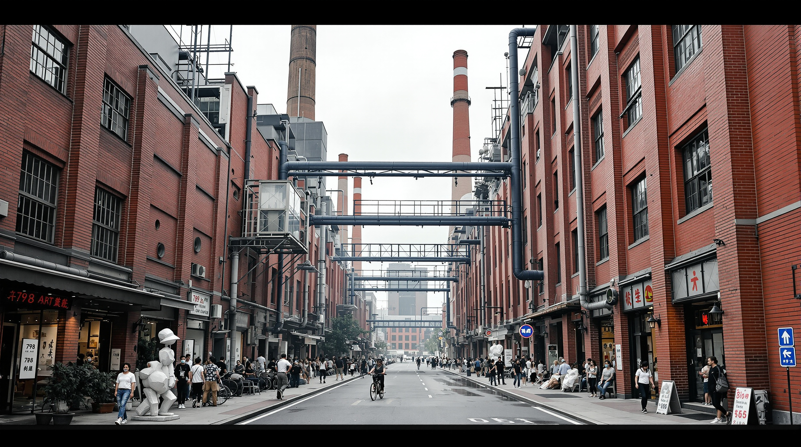 A wide alley through the 798 district in Beijing between long low brick factory buildings, industrial chimneys and exposed steam pipes overhead, contemporary sculptures and gallery entrances at street level, crowds of visitors and cyclists passing between the Bauhaus-era workshops