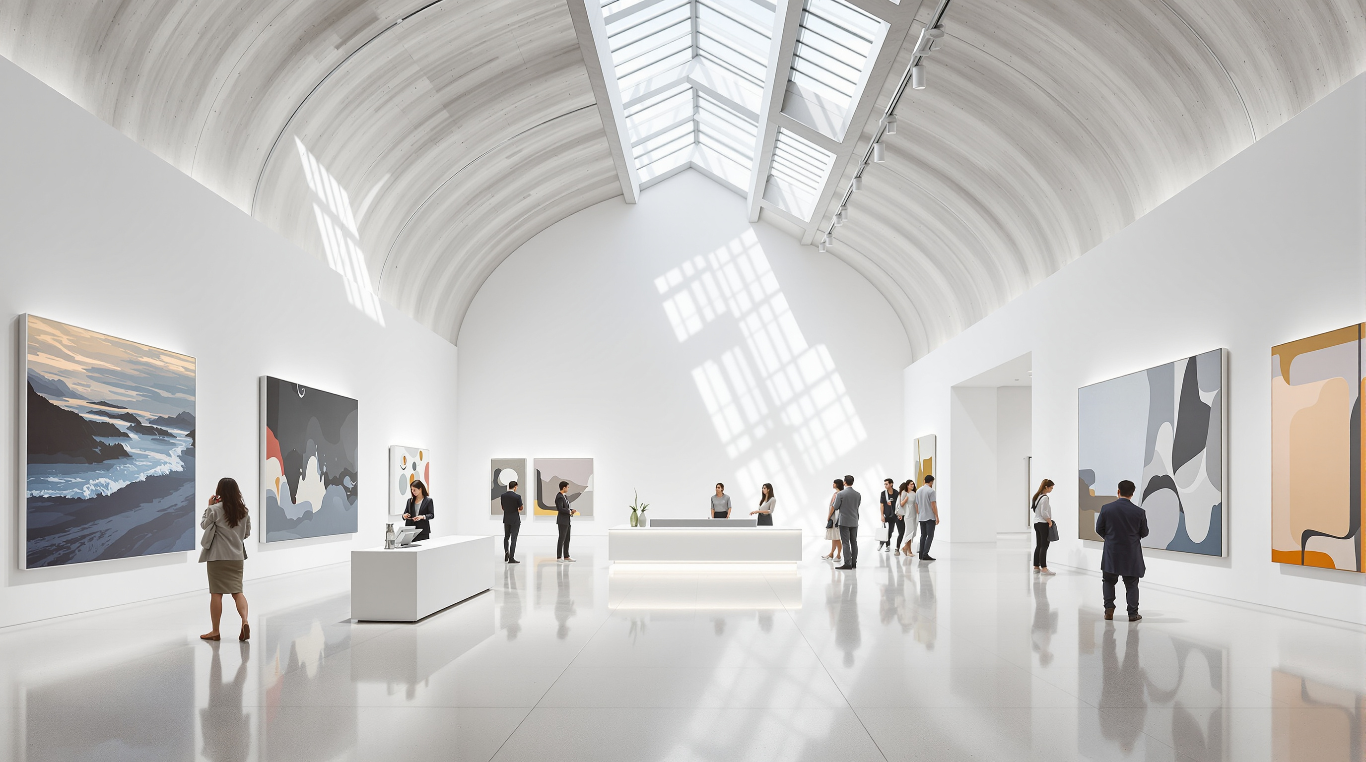 A polished contemporary gallery interior inside a former 798 factory hall in Beijing, the curved concrete sawtooth ceiling and north clerestory windows overhead, immaculate white walls hung with large contemporary paintings, well-dressed visitors and a reception desk with luxury-brand signage, signalling the commercialised present of the district