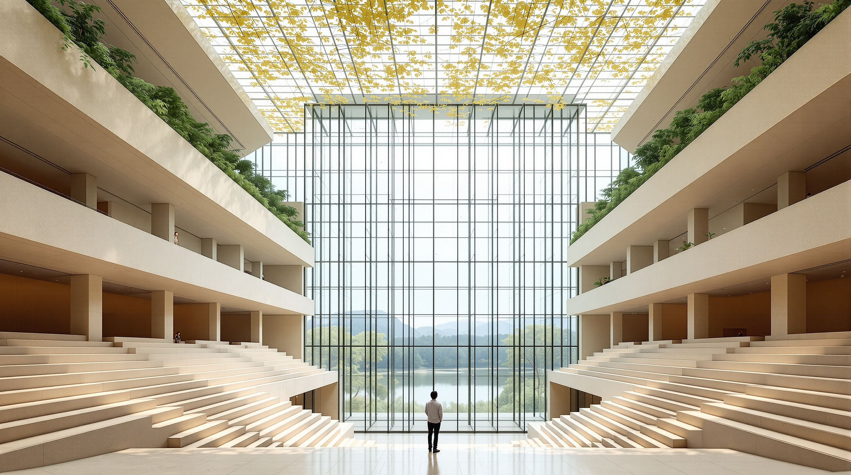 A reader stands in the central 'valley' of the Beijing City Library looking up at the towering full-height glass wall and the ginkgo-leaf canopy overhead, stepped stone-coloured terraces of seating rising on either side like hillsides, the Tonghui riverside visible through the transparent facade