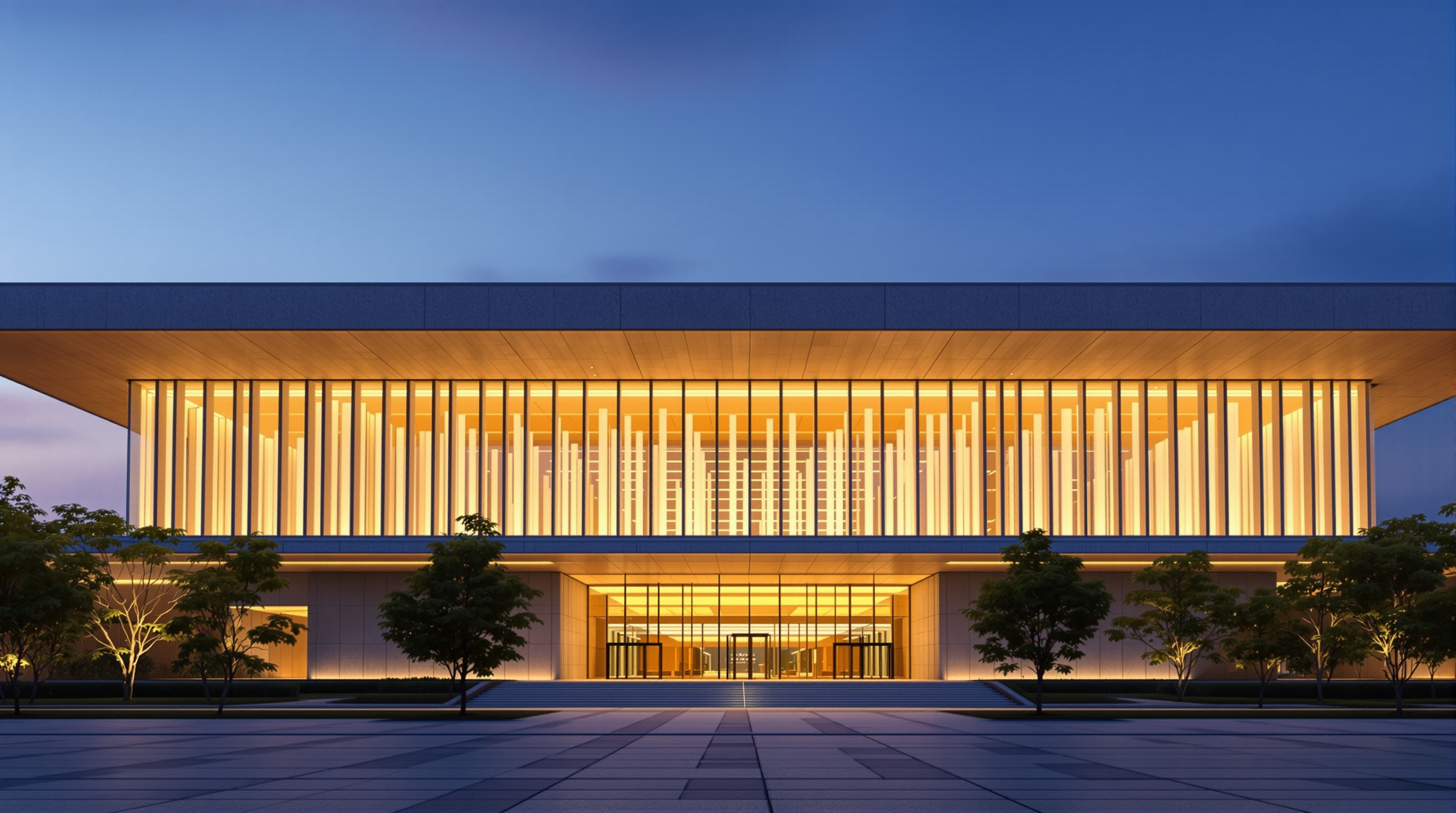 Exterior of the Beijing City Library at dusk: a low, wide pavilion with a broad flat overhanging roof, the entire perimeter a glowing wall of tall glass, warm interior light revealing the forest of columns inside, real ginkgo trees planted at the entrance in the foreground