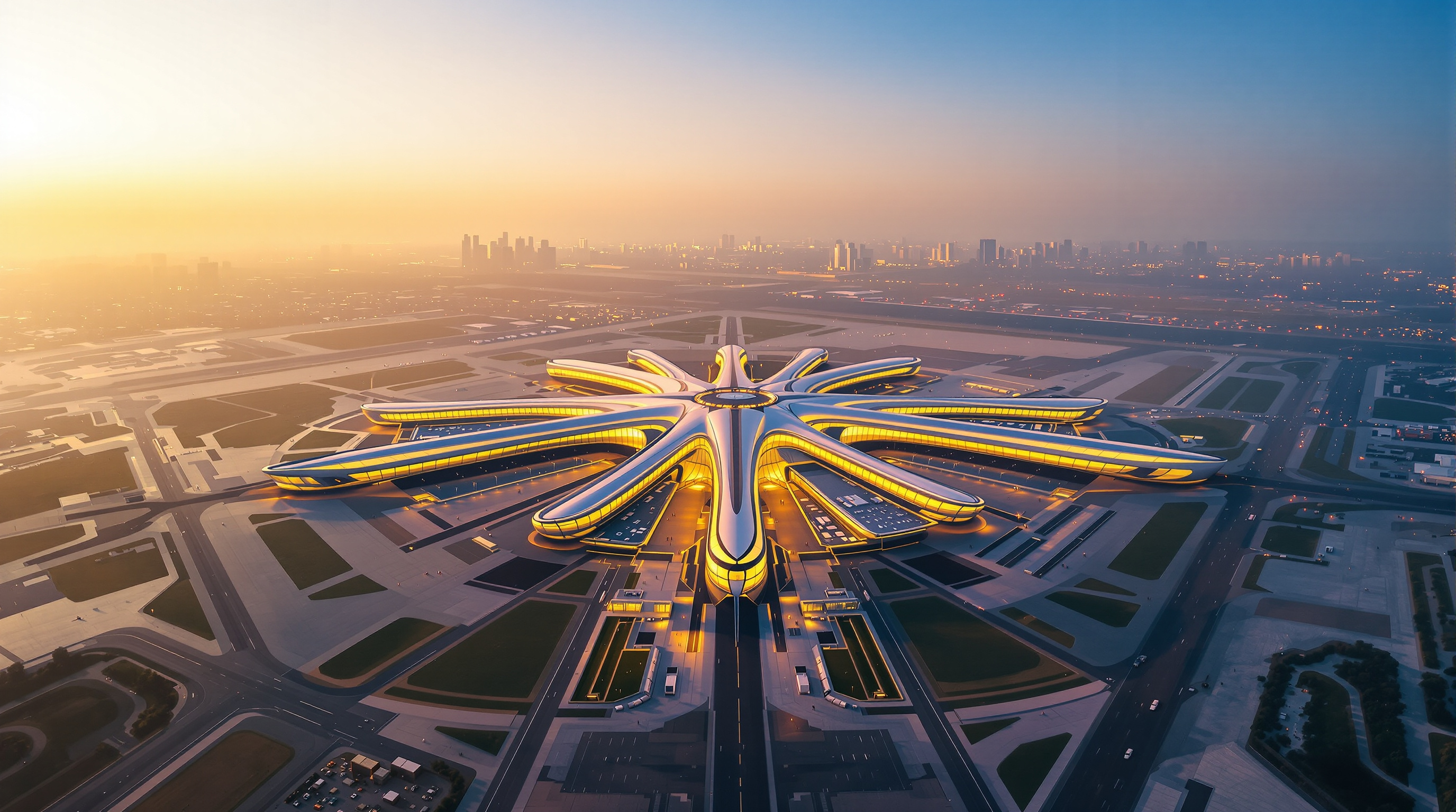 Aerial view of Beijing Daxing International Airport at dusk, its six radiating curved concourses forming a golden starfish shape against the flat plain south of Beijing, runways stretching to the horizon