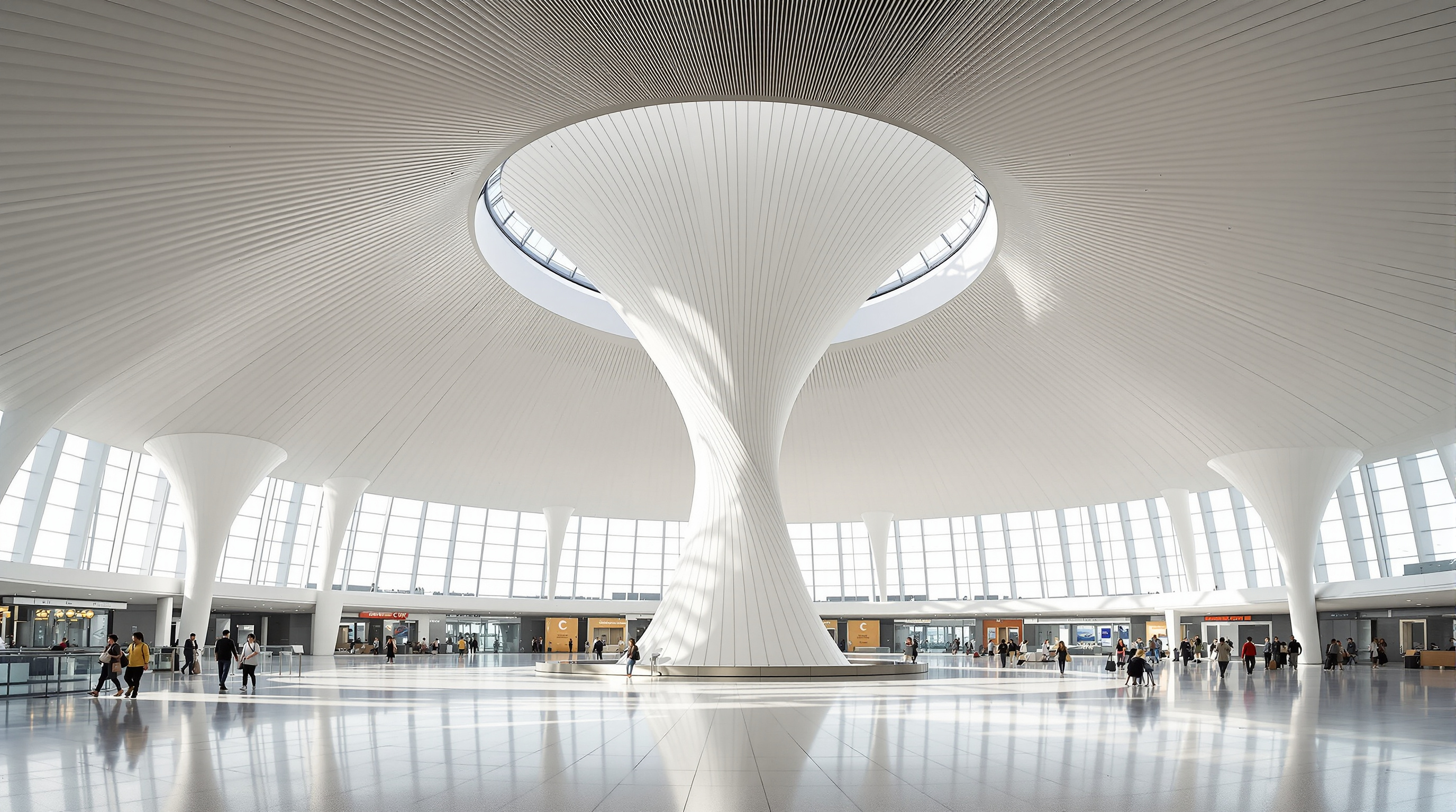 A single sculpted white C-shaped column inside Beijing Daxing terminal, flaring upward from a slim base into a wide funnel that merges with a circular skylight, travellers walking across the polished floor below for scale