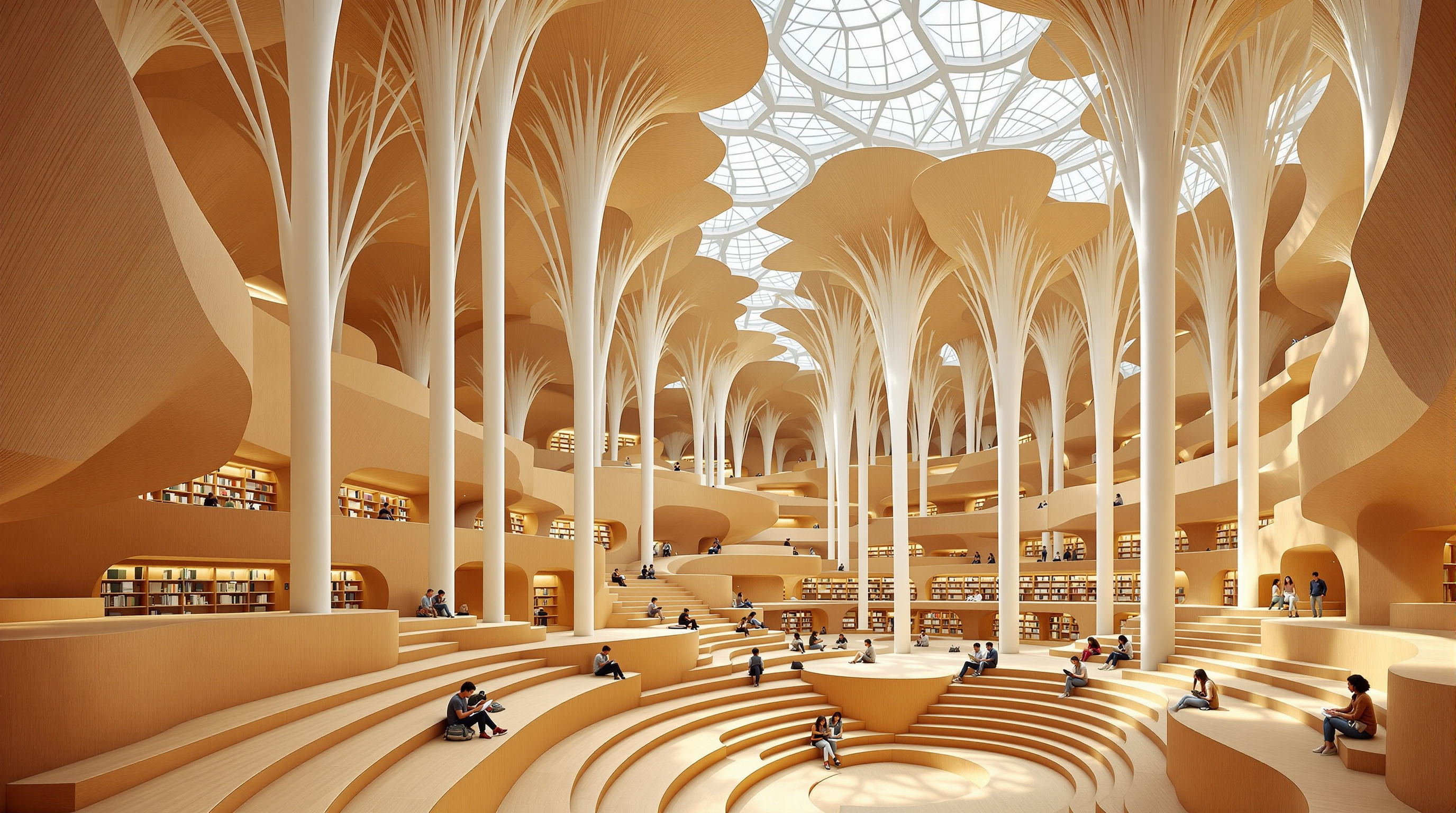 Visitors seated on the wide timber steps of the central Valley inside the Beijing Sub-Center Library, reading and talking beneath towering white ginkgo-leaf columns, tiers of bookshelves climbing the sculpted hillsides on either side