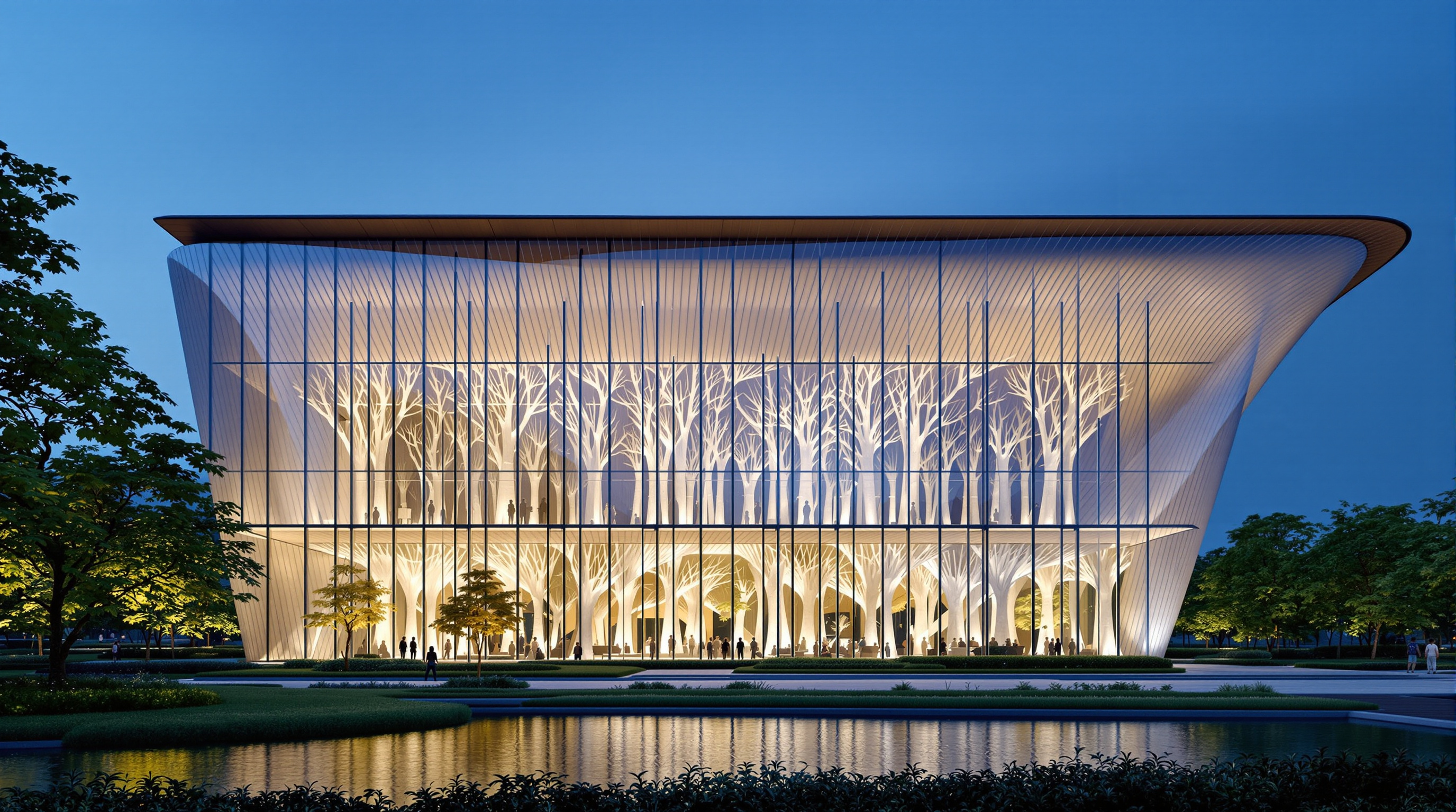The fully glazed exterior of the Beijing Sub-Center Library seen from the surrounding park at blue hour, the warm-lit forest of ginkgo columns glowing through the transparent pleated glass wall, the flat overhanging leaf-canopy roof extending beyond the glass