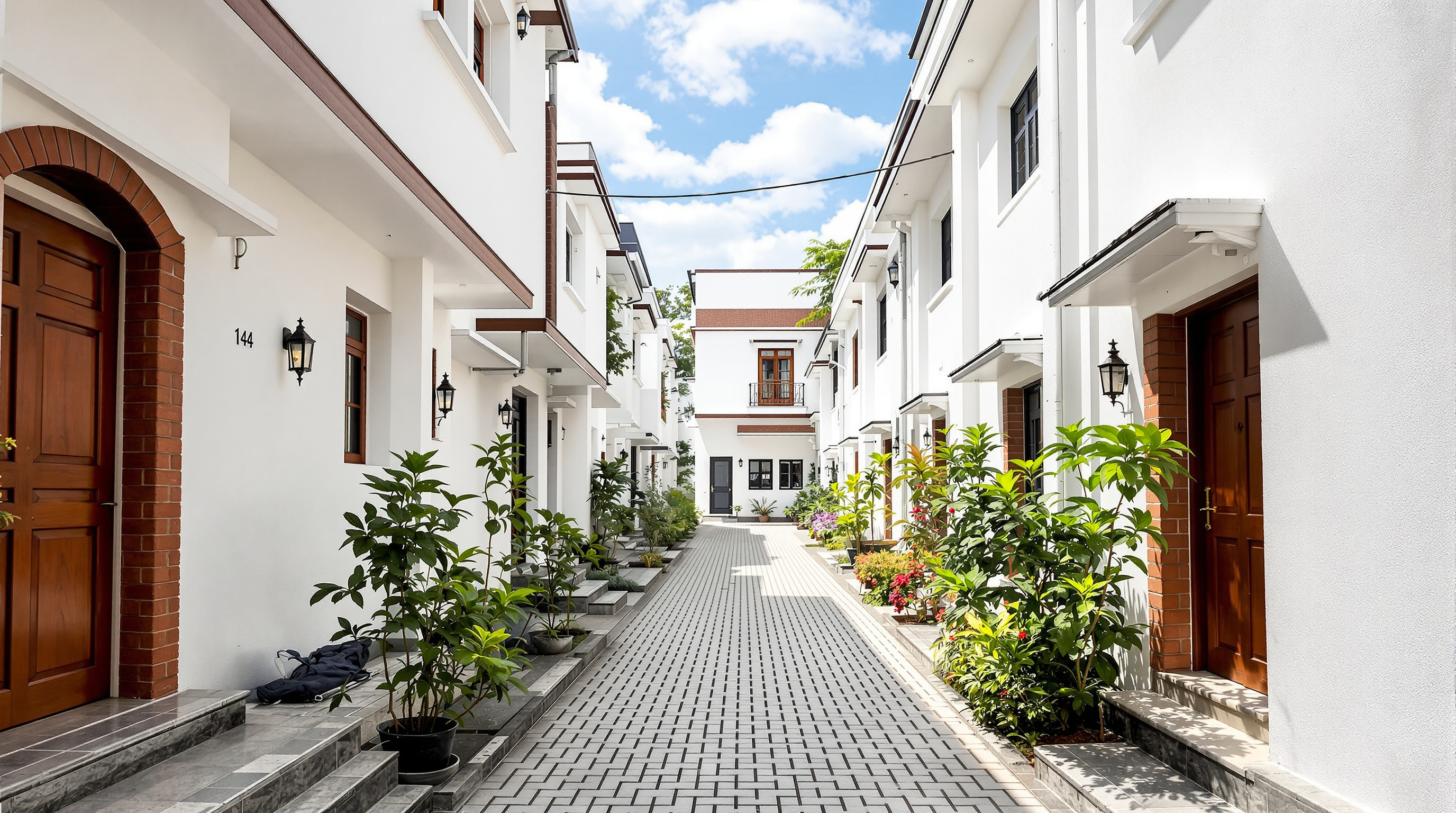 A narrow pedestrian lane between two rows of Belapur's whitewashed low-rise houses in Navi Mumbai, doors opening directly onto the shared open-to-sky courtyard, some homes clearly extended upward with a second storey added in mismatched brickwork