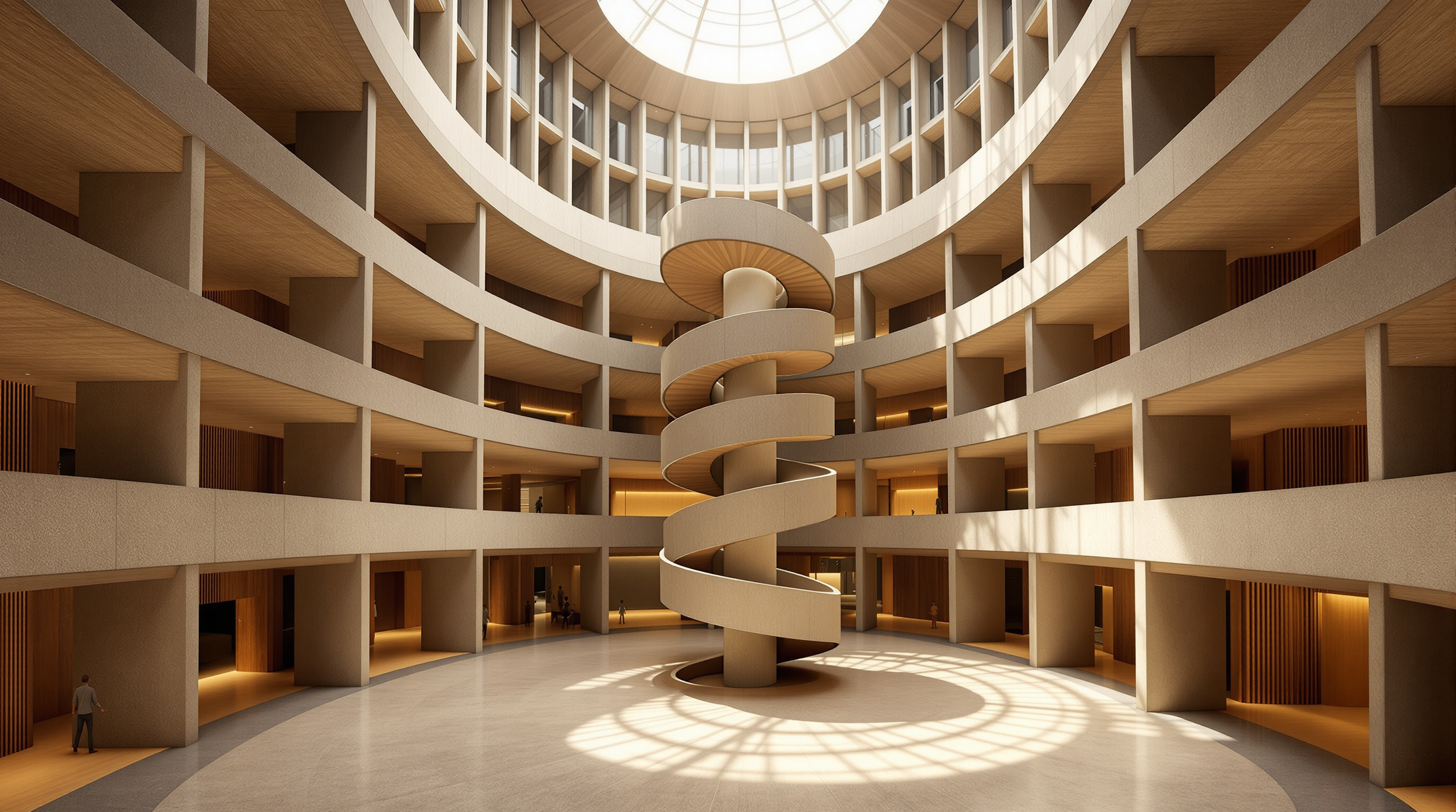 The naturally ventilated central courtyard of the Benin National Assembly, a tall shaded void at the heart of the trunk with a sculptural spiral staircase rising through it, galleries wrapping the sides, and soft indirect daylight filtering down from the open crown above