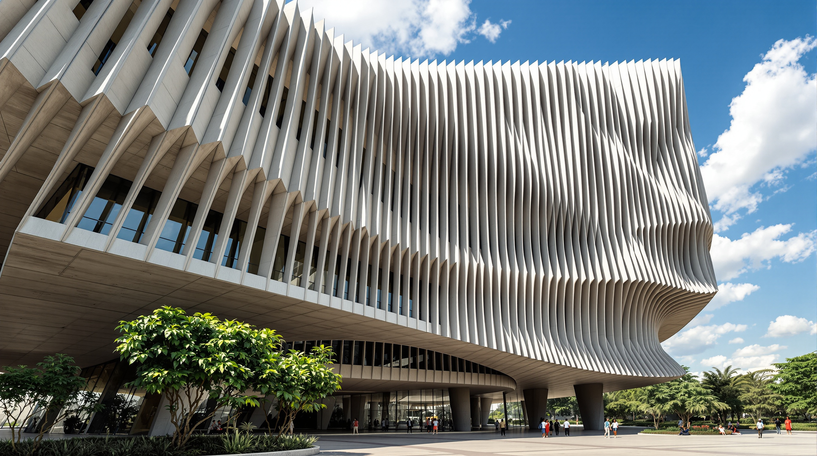 The vertical fin facade of the Benin National Assembly crown seen from below, deep undulating concrete brise-soleil louvres casting strong diagonal shadows across the setback office floors, with the broad park and a bright tropical sky beyond