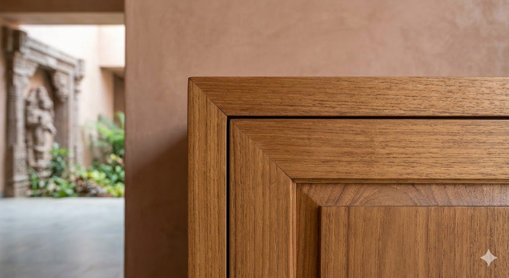 Close-up documentary photograph of a hand-cut joinery detail on a solid wood cabinet, showing a tight mitred corner, an even shadow-gap reveal, and the grain matched across the join