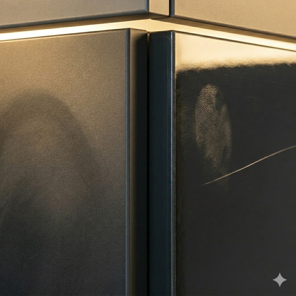 Tight macro of two kitchen shutter corners meeting at a butt joint — left in super-matte charcoal anti-fingerprint laminate hiding a faint hand-touch arc, right in high-gloss mirror laminate showing a clear fingerprint smudge and a 50 mm hairline scratch under under-cabinet light