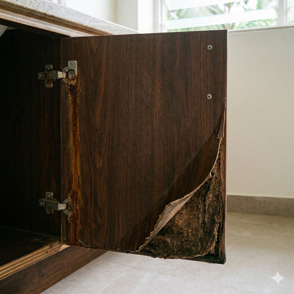 A documentary close-up of a failed MDF sink-base cabinet door — bottom edge clearly swollen and delaminated after a year of moisture exposure, the laminate peeled back at the corner, a rust streak from a zinc-plated hinge, slight black-mould tinge at the swollen edge