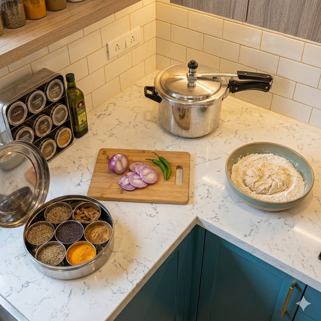 A close working surface in an Indian modular kitchen — a tall masala dabba open beside a chopping board, a steel pressure cooker on the corner, and crisp under-cabinet LED task light over a quartz worktop