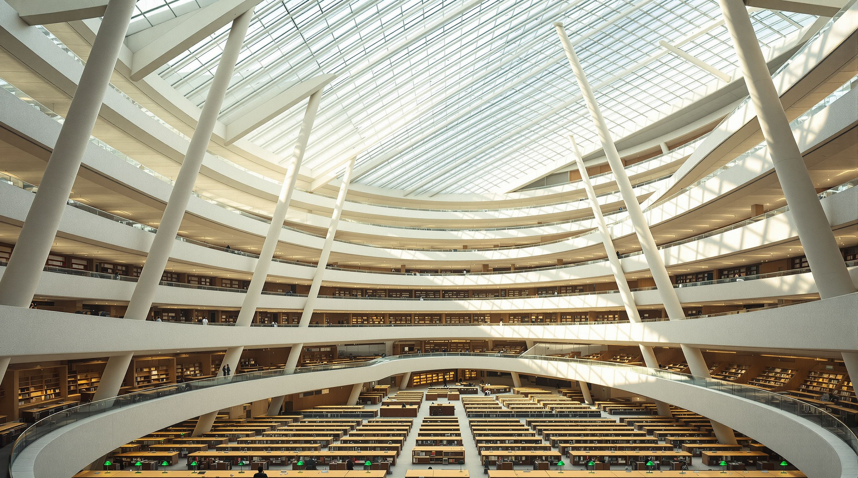 The interior of the Bibliotheca Alexandrina reading room: seven vast stepped terraces descending under a canopy of angled circular columns, soft north daylight falling through a diagonal grid of skylights onto rows of reading desks, the space stretching away as one continuous room