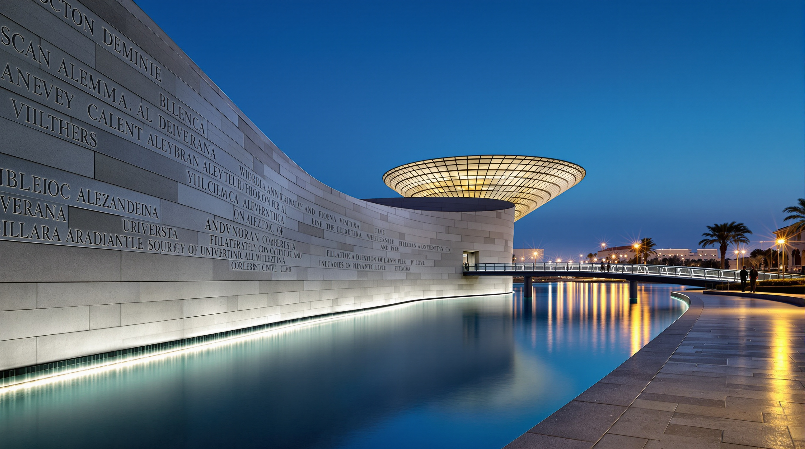 The Bibliotheca Alexandrina seen from across its reflecting pool at dusk, the carved grey granite wall curving along the water, the tilted disc roof glowing above, the University of Alexandria footbridge crossing in the foreground with people walking the waterfront plaza