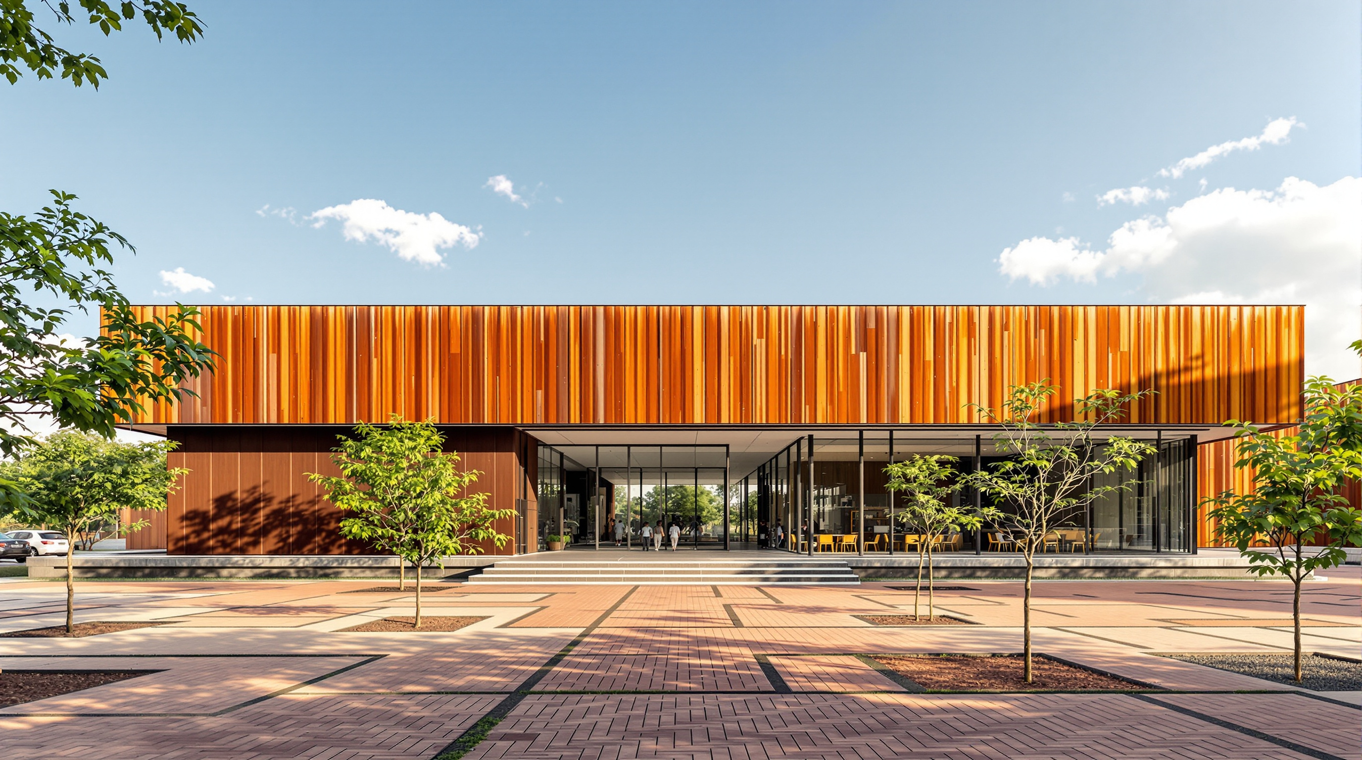 A weathering-steel-clad gallery pavilion of the Bihar Museum seen across an open landscaped courtyard, its rust-brown metal panels warm in low sun, a covered glazed walkway linking it to the next volume, with terracotta paving and young trees in the foreground