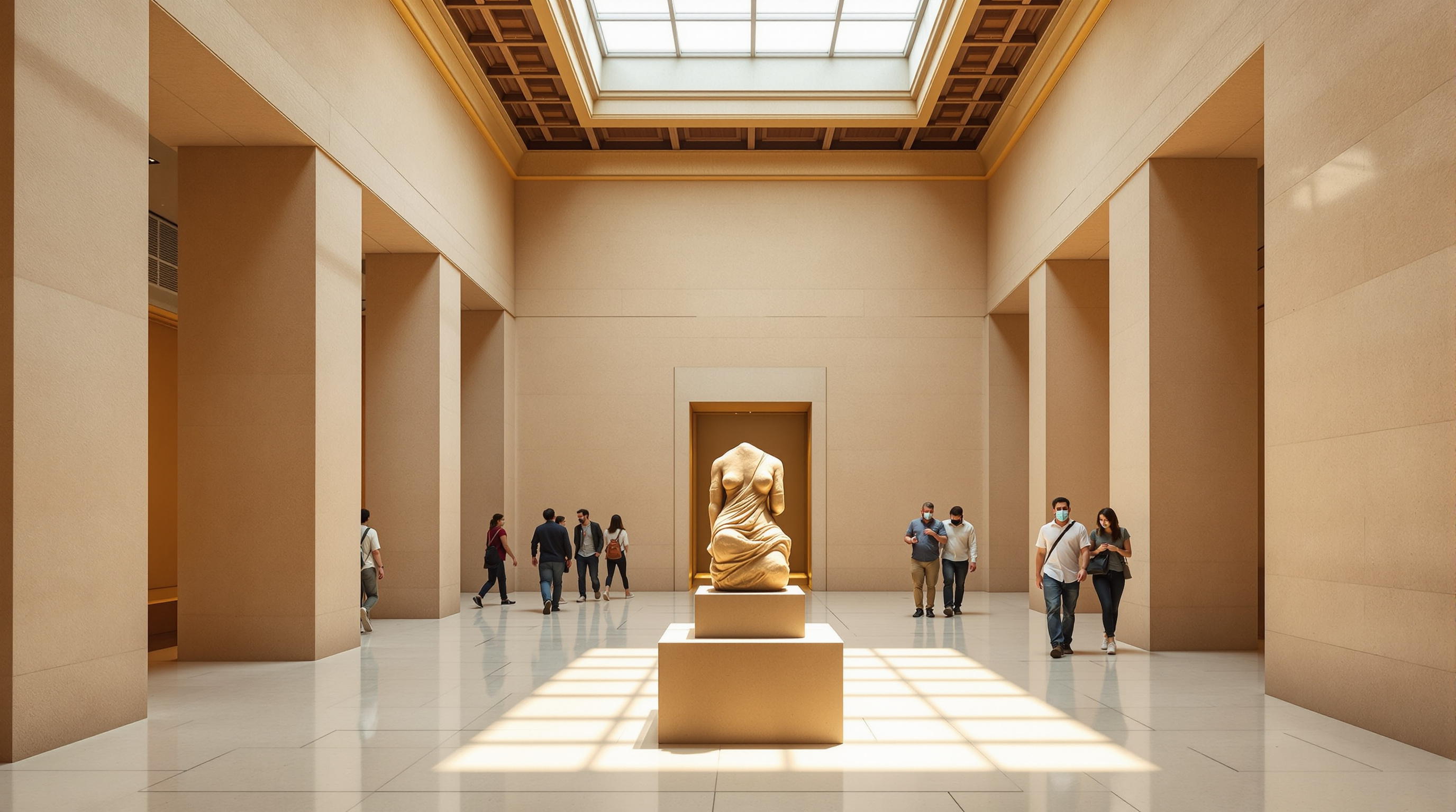 Inside a double-height exhibition gallery of the Bihar Museum, warm daylight falling from a clerestory onto pale stone floors, an ancient polished sandstone sculpture displayed on a low plinth, visitors moving quietly through the calm, uncluttered space