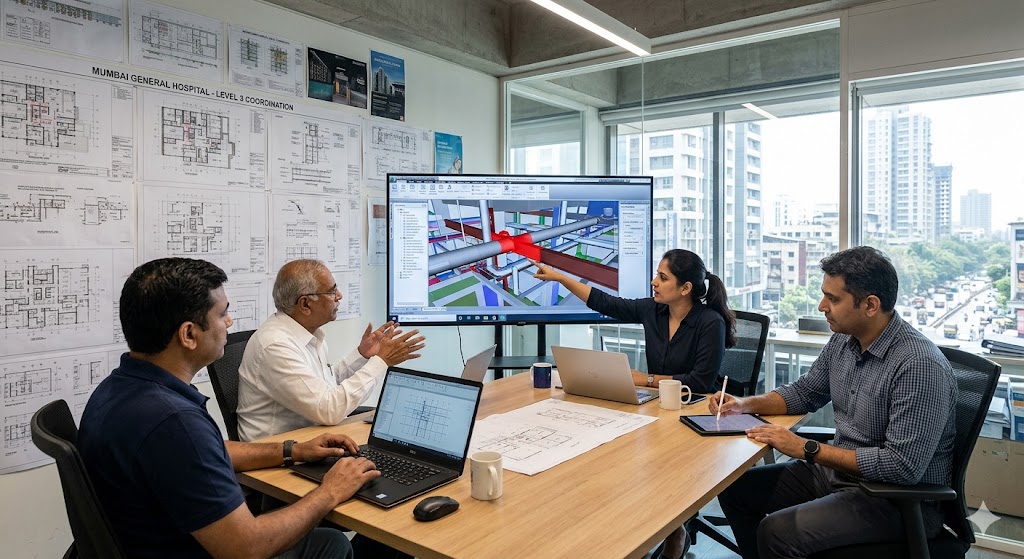 Wide-angle photograph of a BIM coordination meeting at a Mumbai architectural practice, four professionals seated around a large monitor displaying a Navisworks clash detection view of a healthcare project — the BIM coordinator pointing to a clash highlighted in red between an HVAC duct and a structural beam, the architect taking notes on a tablet, the MEP consultant gesturing toward an alternate routing solution, the structural engineer checking the structural model on his laptop, the room has multiple printed coordination drawings on the wall behind, professional multi-discipline BIM coordination atmosphere, late morning daylight