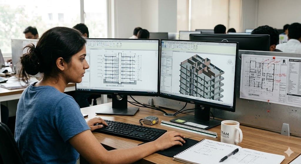 Medium close-up photograph of an Indian junior BIM coordinator at her desk in a Hyderabad large architectural practice, the desk has dual monitors with Revit construction documents visible — the left monitor showing a sectional drawing being detailed with annotation tags, the right monitor showing the same area in 3D view to verify accuracy, the BIM coordinator in her mid-twenties wearing a casual t-shirt deeply focused on adding dimension tags, a printed CAD-reference drawing pinned next to the monitor, a steel measuring tape and architect's scale on the desk corner, a cup of tea and a notebook with project notes, focused junior-level production work, mid-morning natural light
