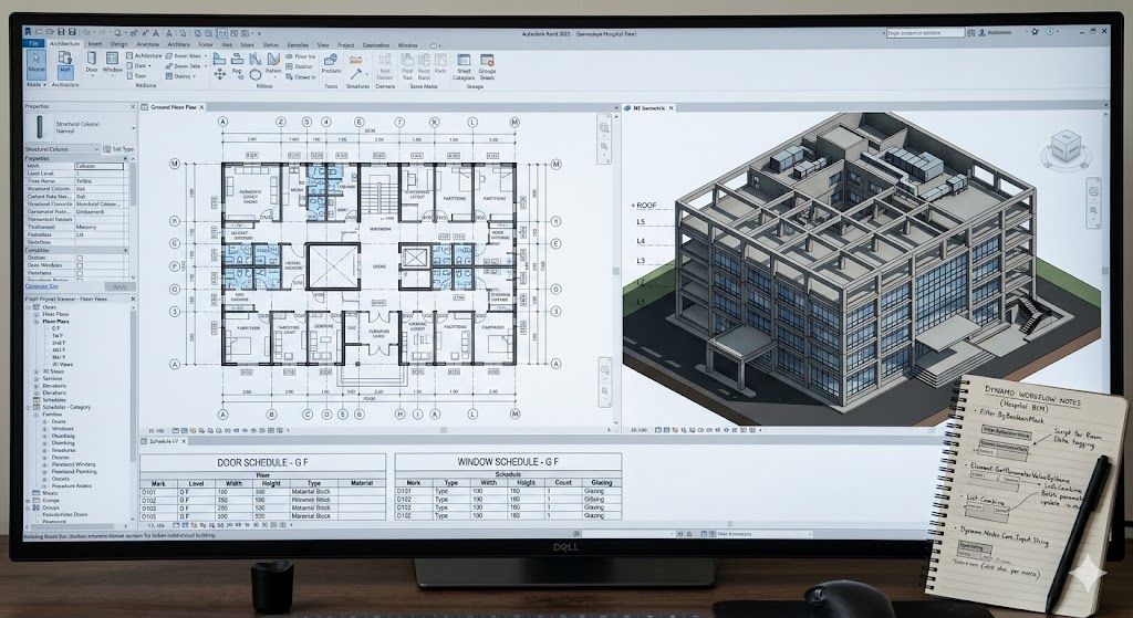 Close-up overhead photograph of a wide computer monitor showing the Revit 2026 interface populated with a detailed BIM model of an Indian institutional building, the screen split between 3D isometric view on the right showing a 5-storey hospital with curtain wall and structural grid visible, plan view on the left showing the ground floor layout with walls, doors, plumbing fixtures, schedules at the bottom showing door and window schedules, the Project Browser panel visible on the side with families and views organised, a notebook on the side of the desk with Dynamo workflow notes, professional BIM working session