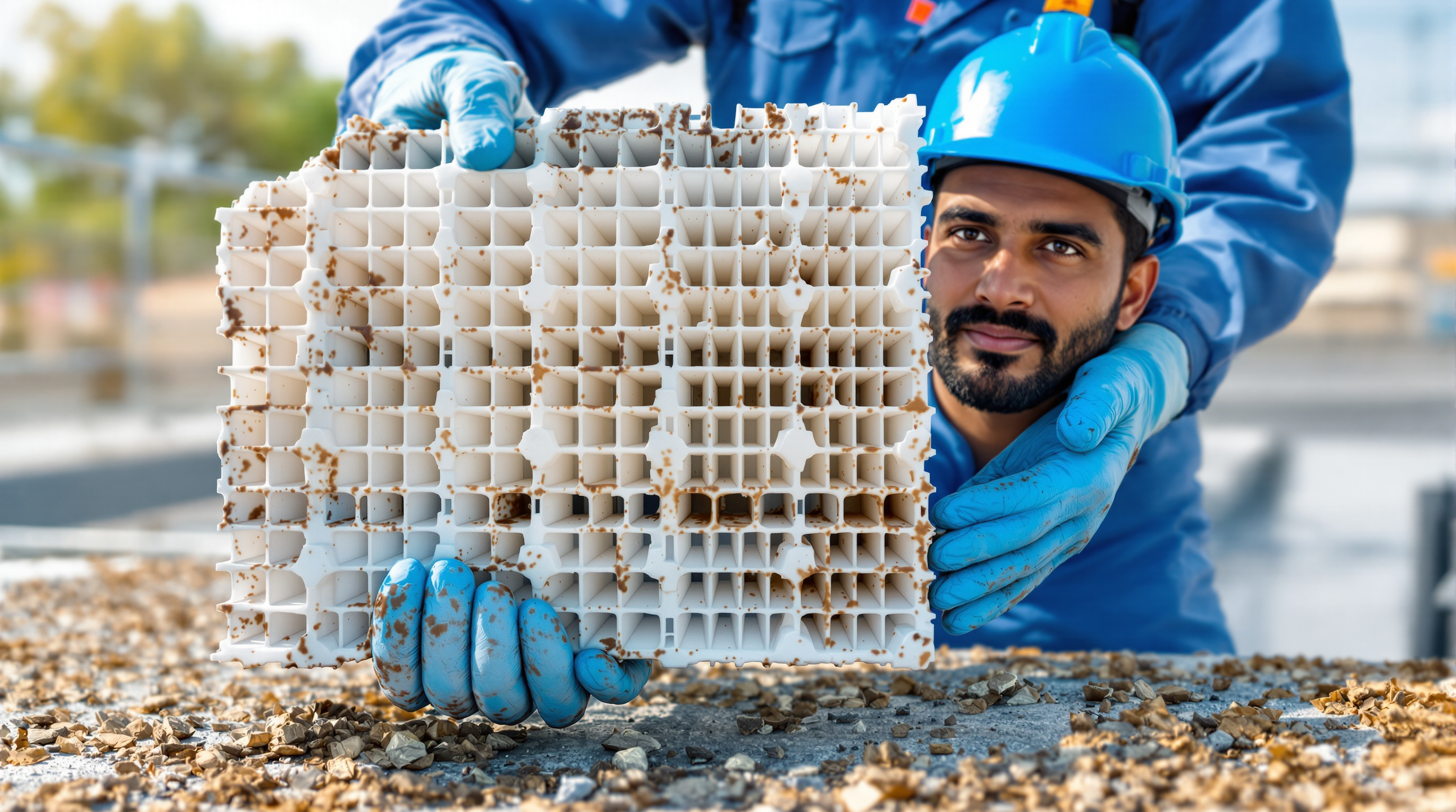 Indian plant operator holding a block of corrugated HDPE structured-sheet packing media, showing its open honeycomb void structure